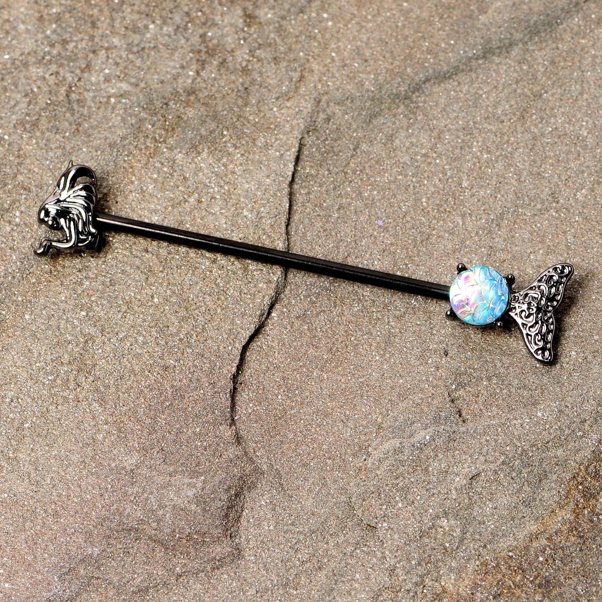 14G Black Blue Mermaid Scale Tail Industrial Barbell 38mm - Image 2