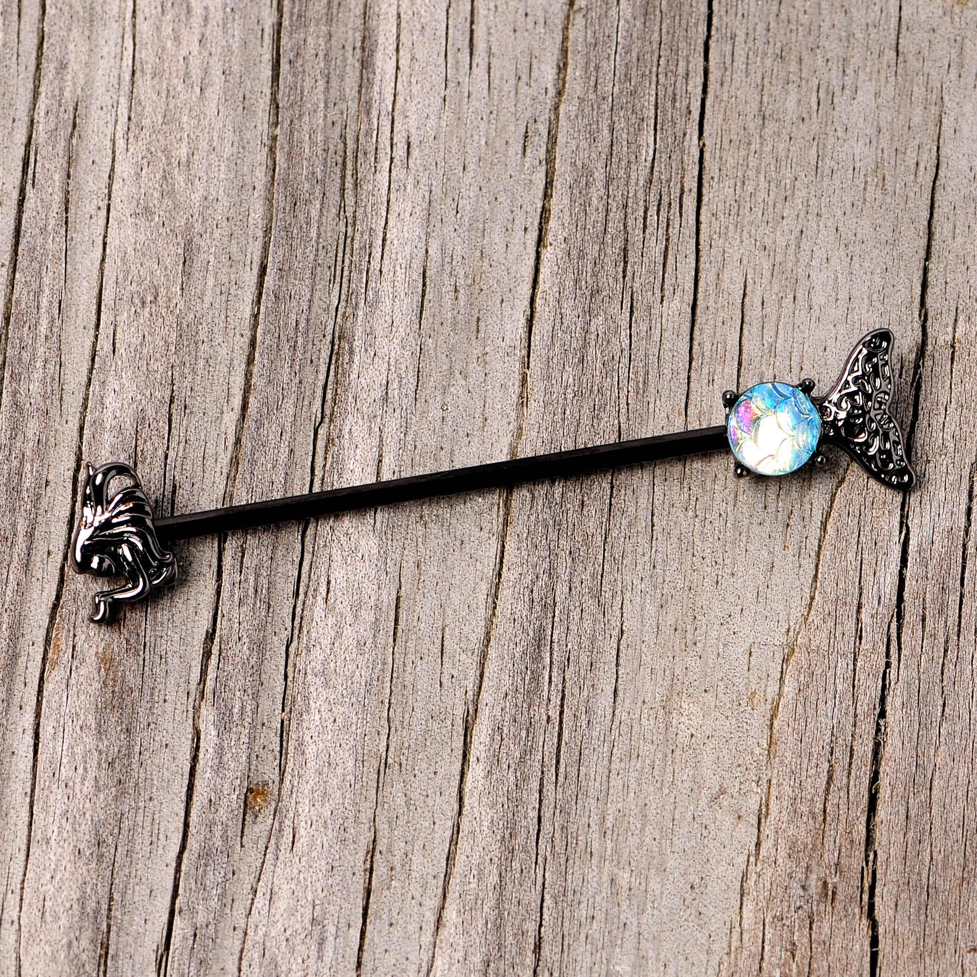 14G Black Blue Mermaid Scale Tail Industrial Barbell 38mm - Image 3