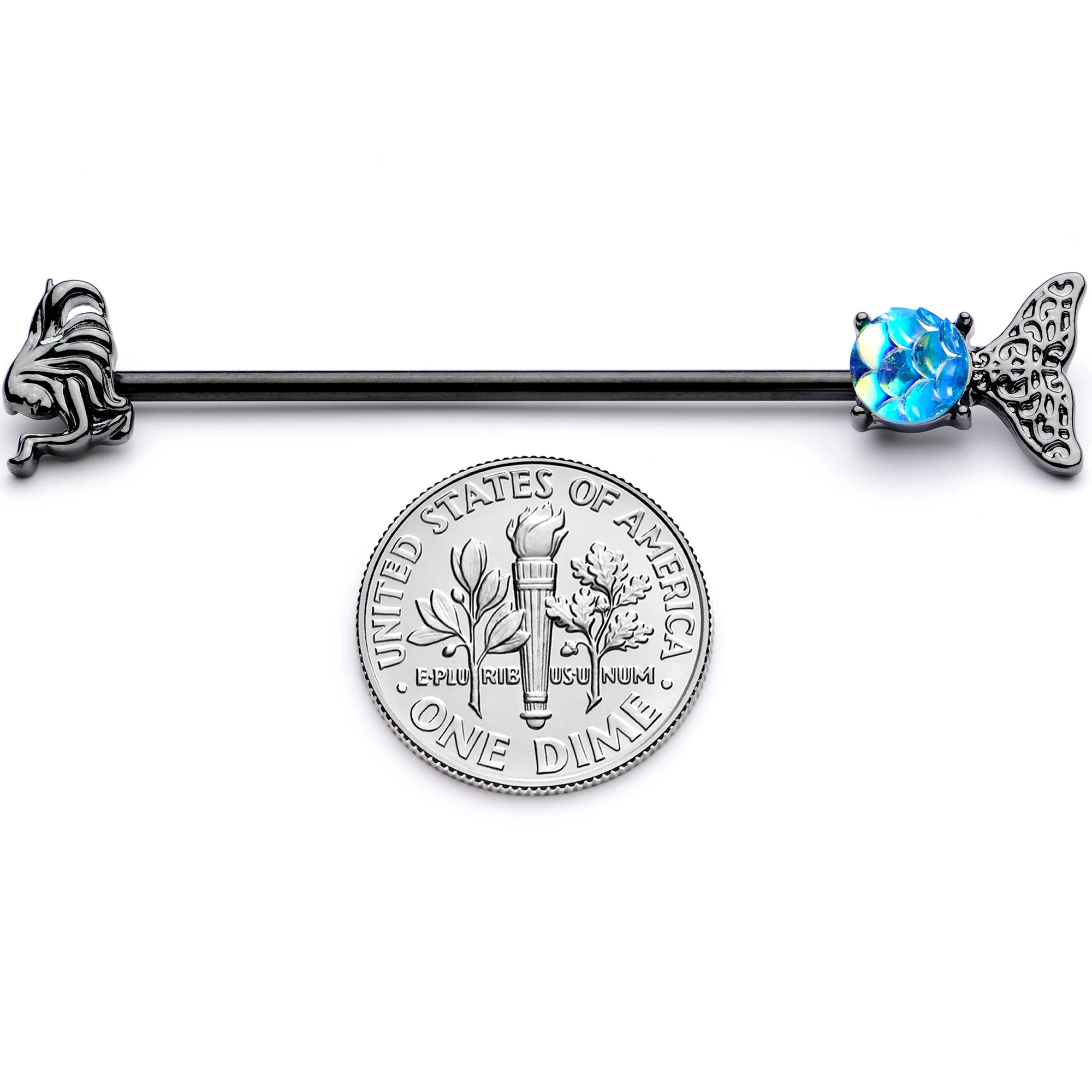 14G Black Blue Mermaid Scale Tail Industrial Barbell 38mm - Image 4