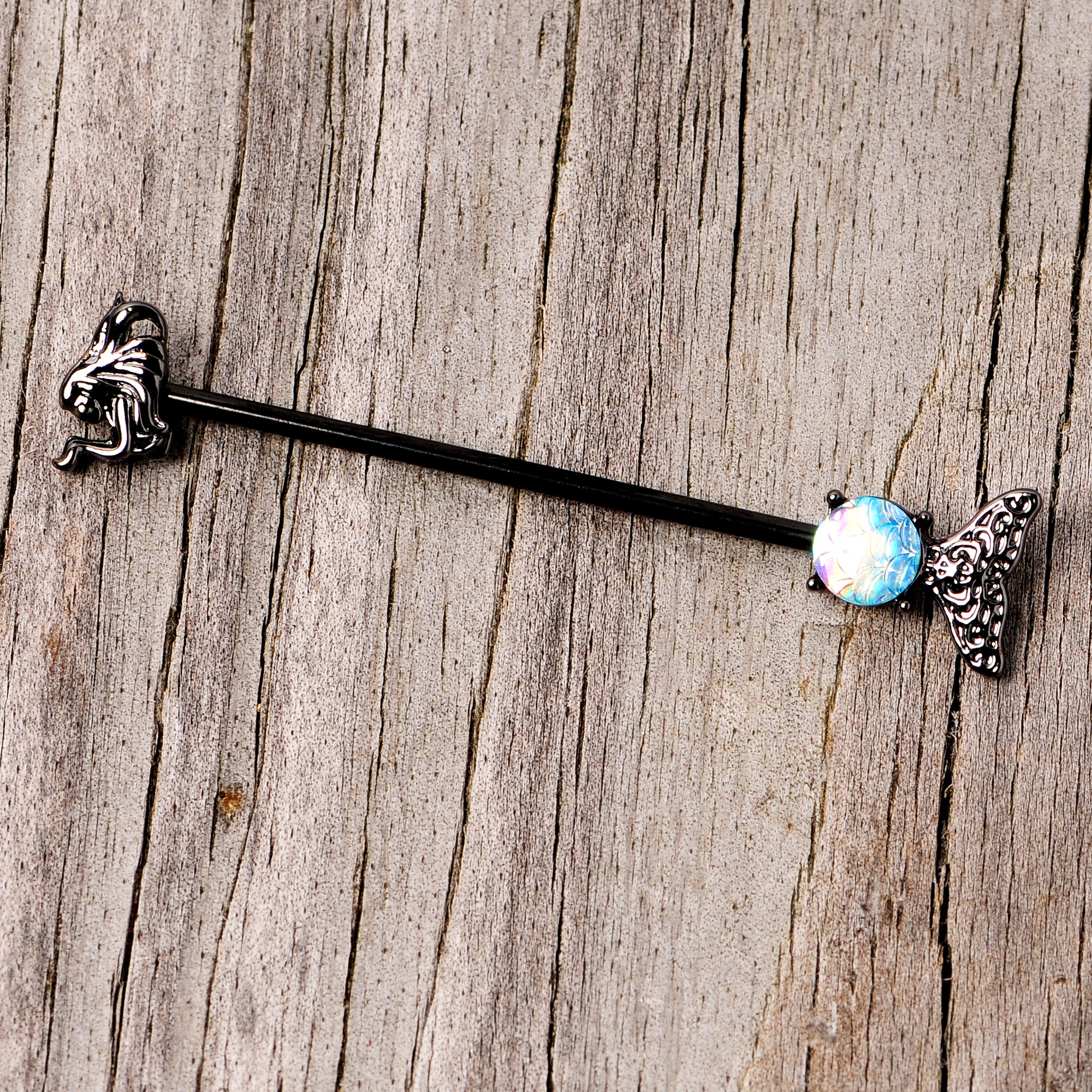 14G Black Blue Mermaid Scale Tail Industrial Barbell 38mm - Image 5