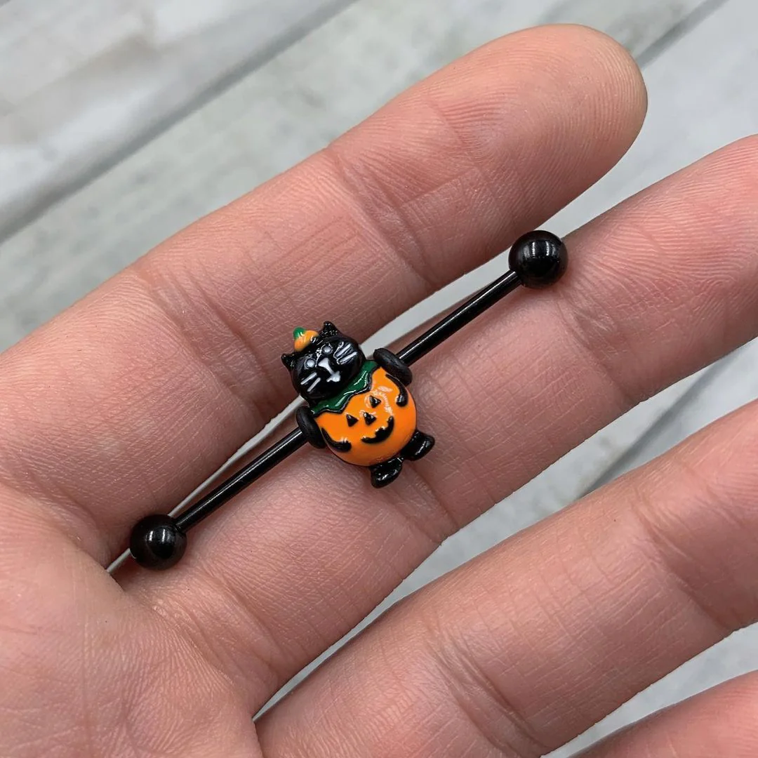 14G Black Cat Pumpkin Halloween Industrial Barbell 38mm - Image 2