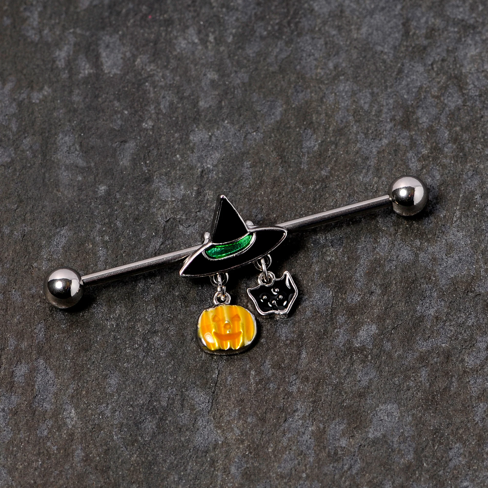 14G Black Cat Witch Hat Halloween Dangle Industrial Barbell 38mm - Image 2