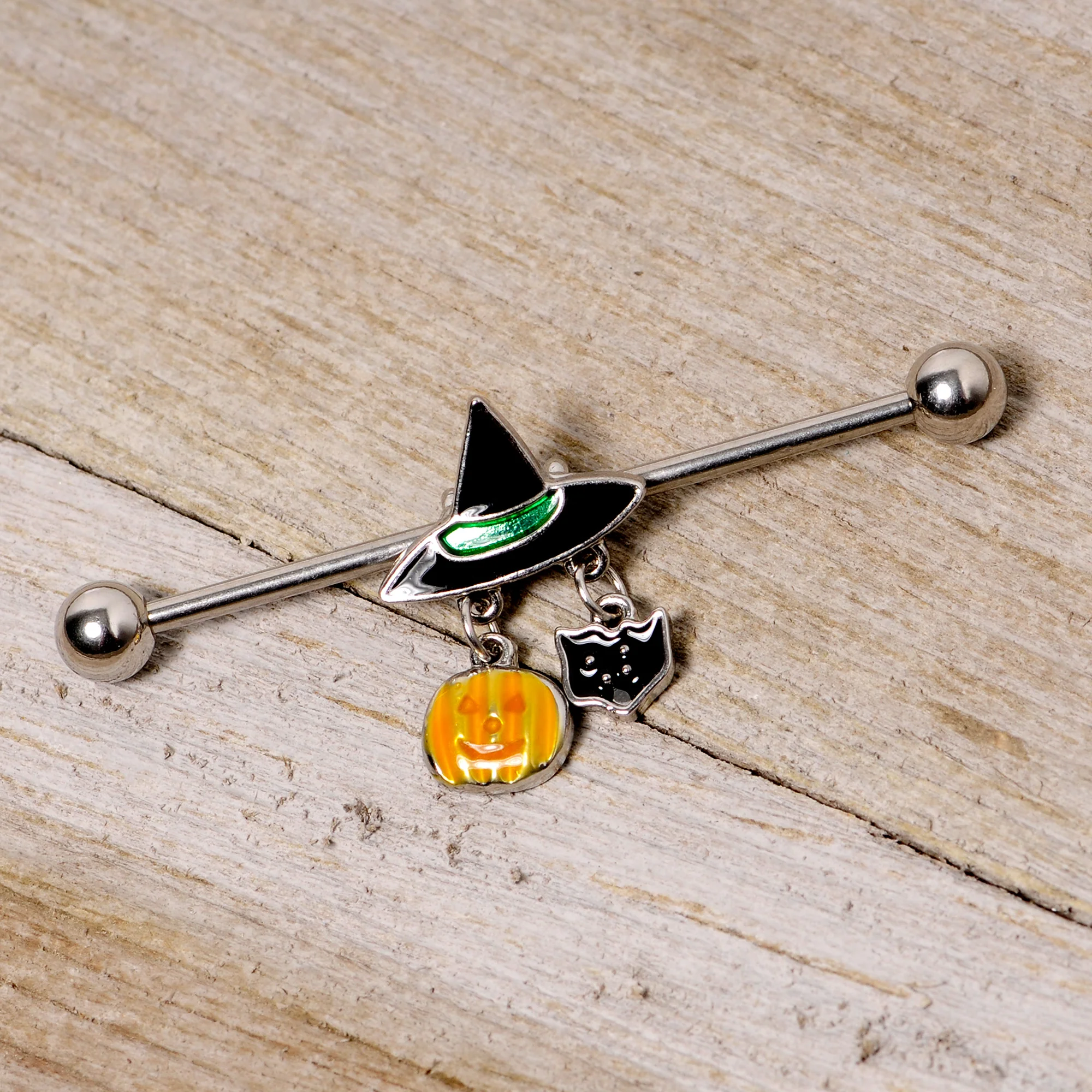 14G Black Cat Witch Hat Halloween Dangle Industrial Barbell 38mm - Image 3