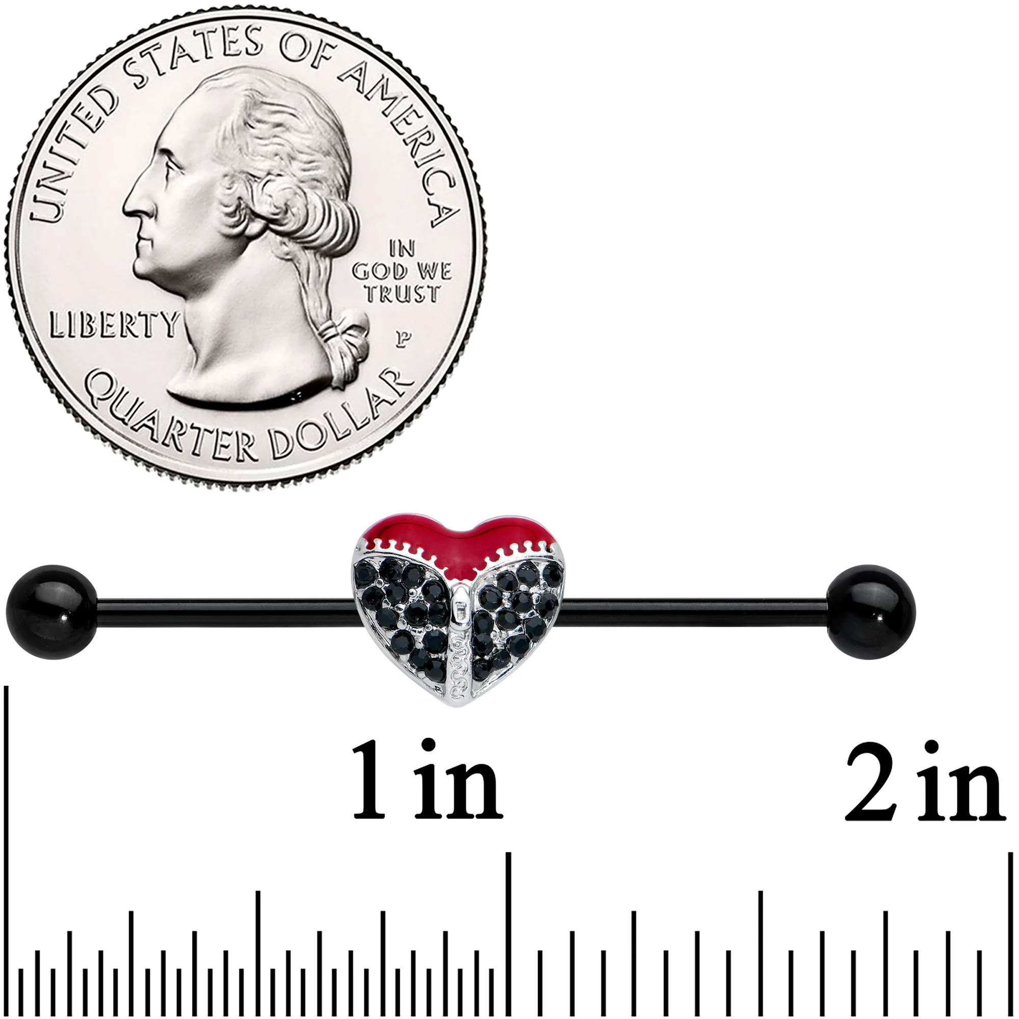 14G Black CZ Gem Black Unzipped Heart Industrial Barbell 38mm - Image 2