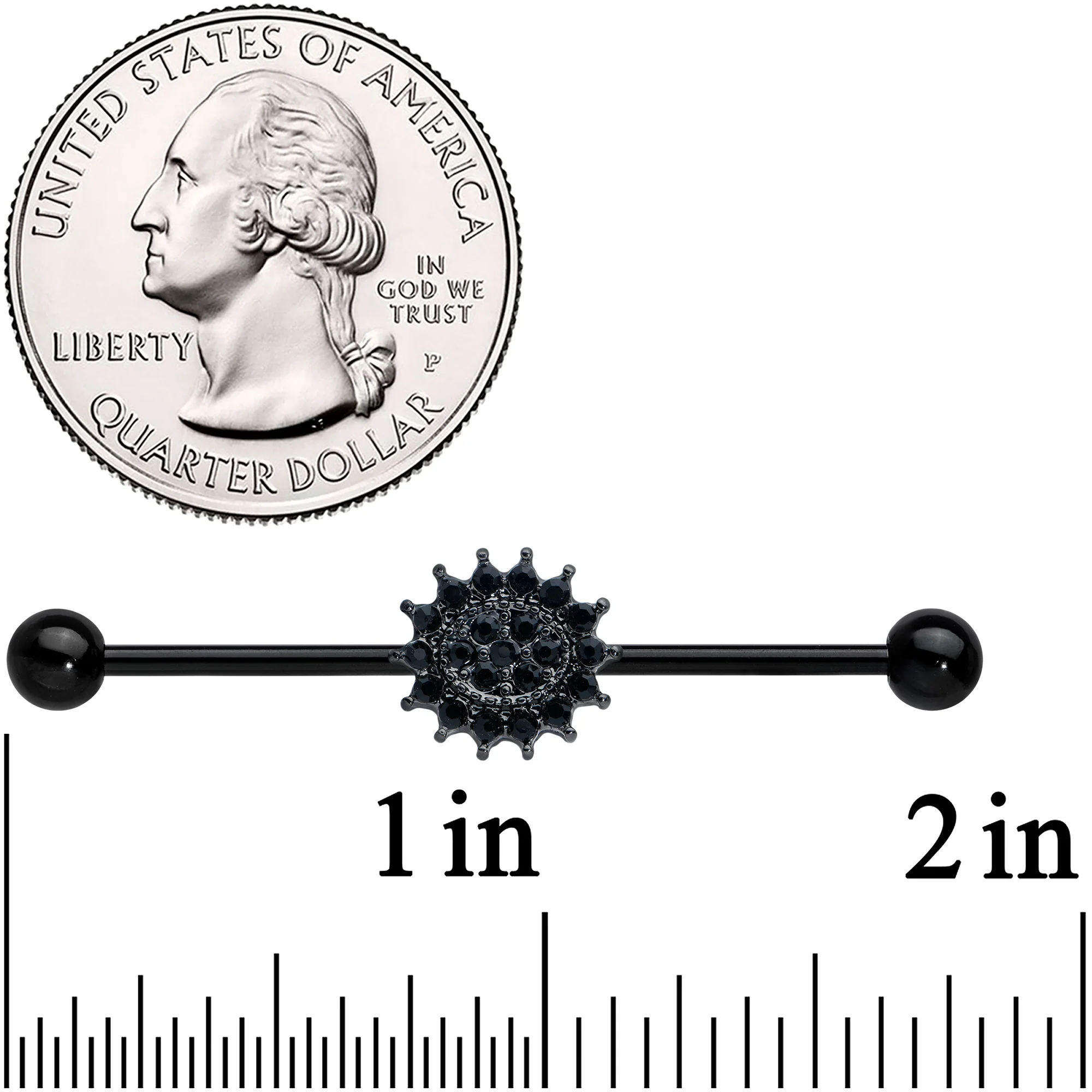 14G Black Gem Black Oval Gothic Sunburst Industrial Barbell 38mm - Image 2