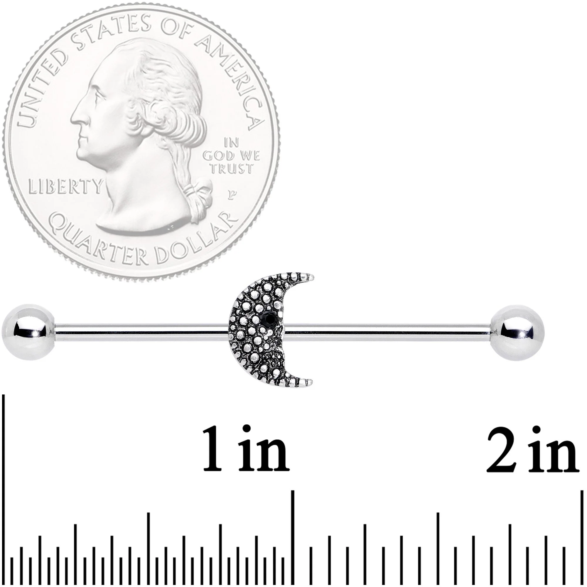 14G Black Gem Night Skull Crescent Moon Industrial Barbell 38mm - Image 2