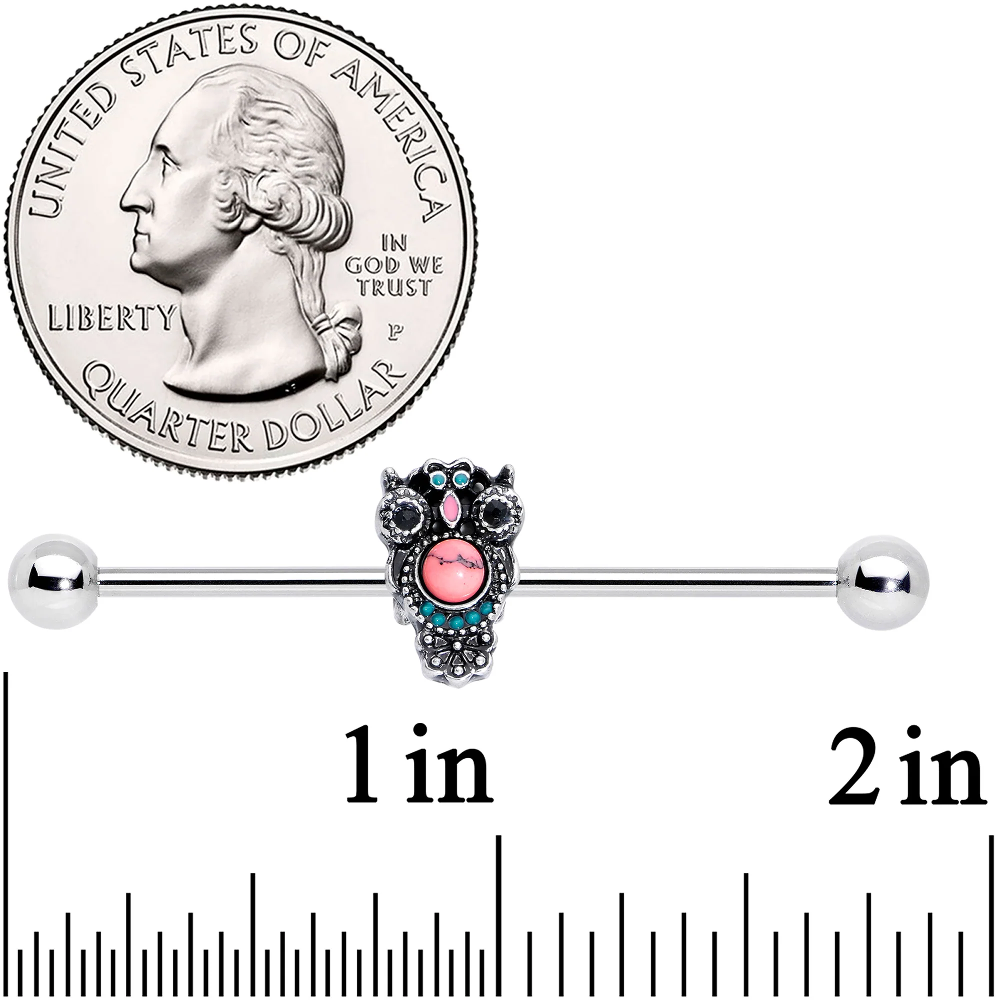 14G Black Gem Pink Orb Owl Industrial Barbell 38mm - Image 2