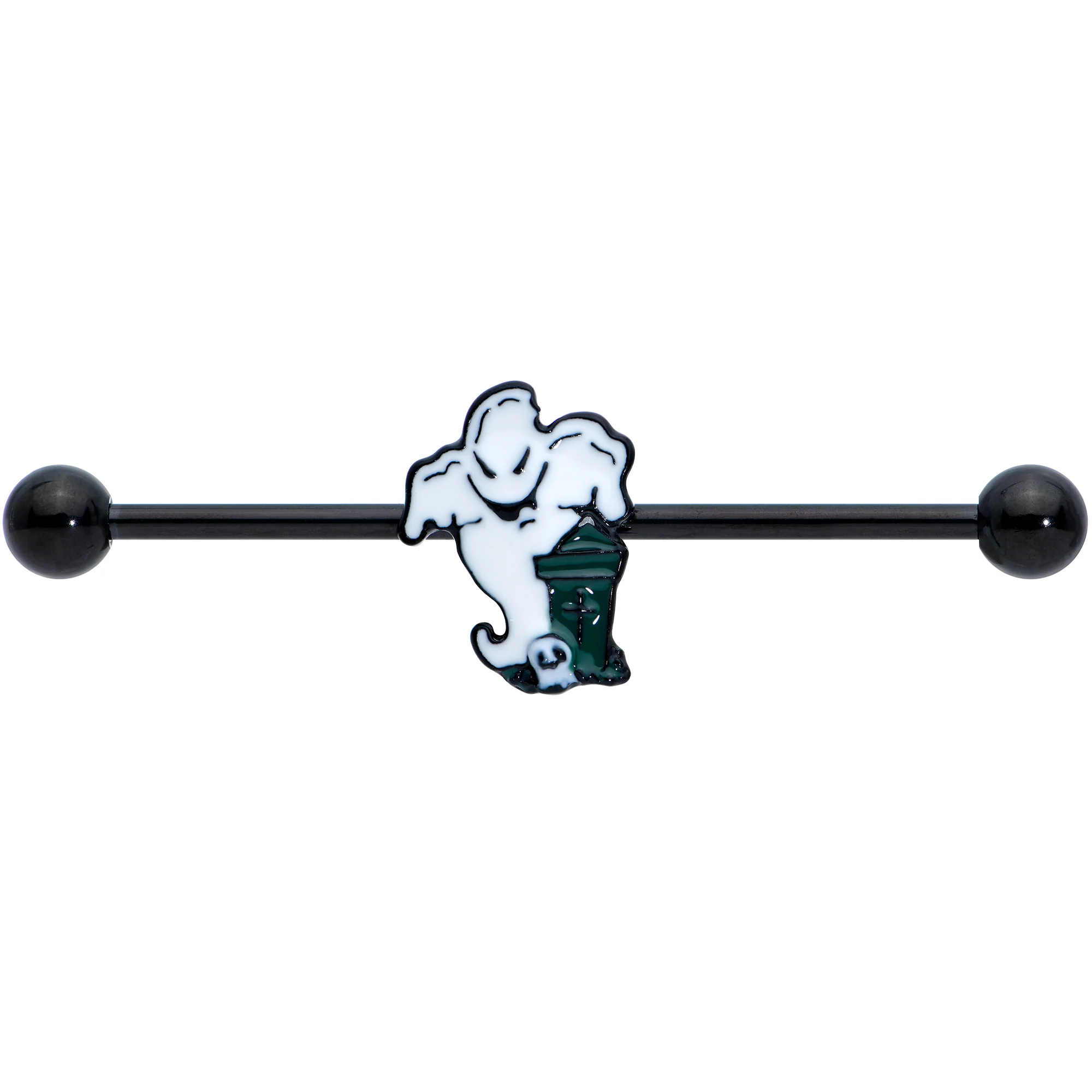 14G Black Graveyard Ghost Halloween Industrial Barbell 38mm - Image 2