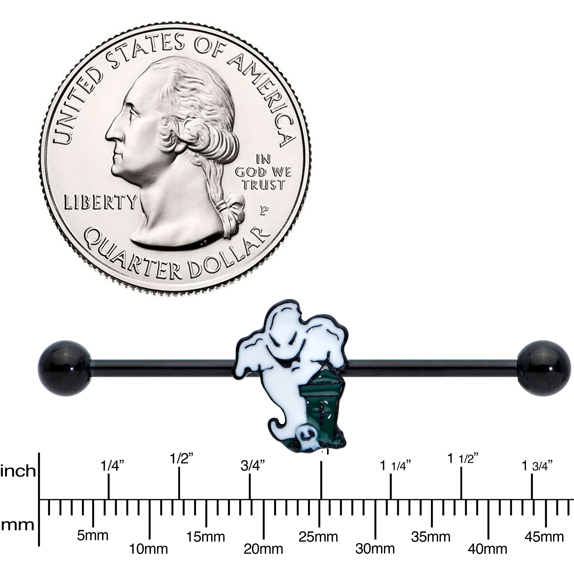 14G Black Graveyard Ghost Halloween Industrial Barbell 38mm - Image 3