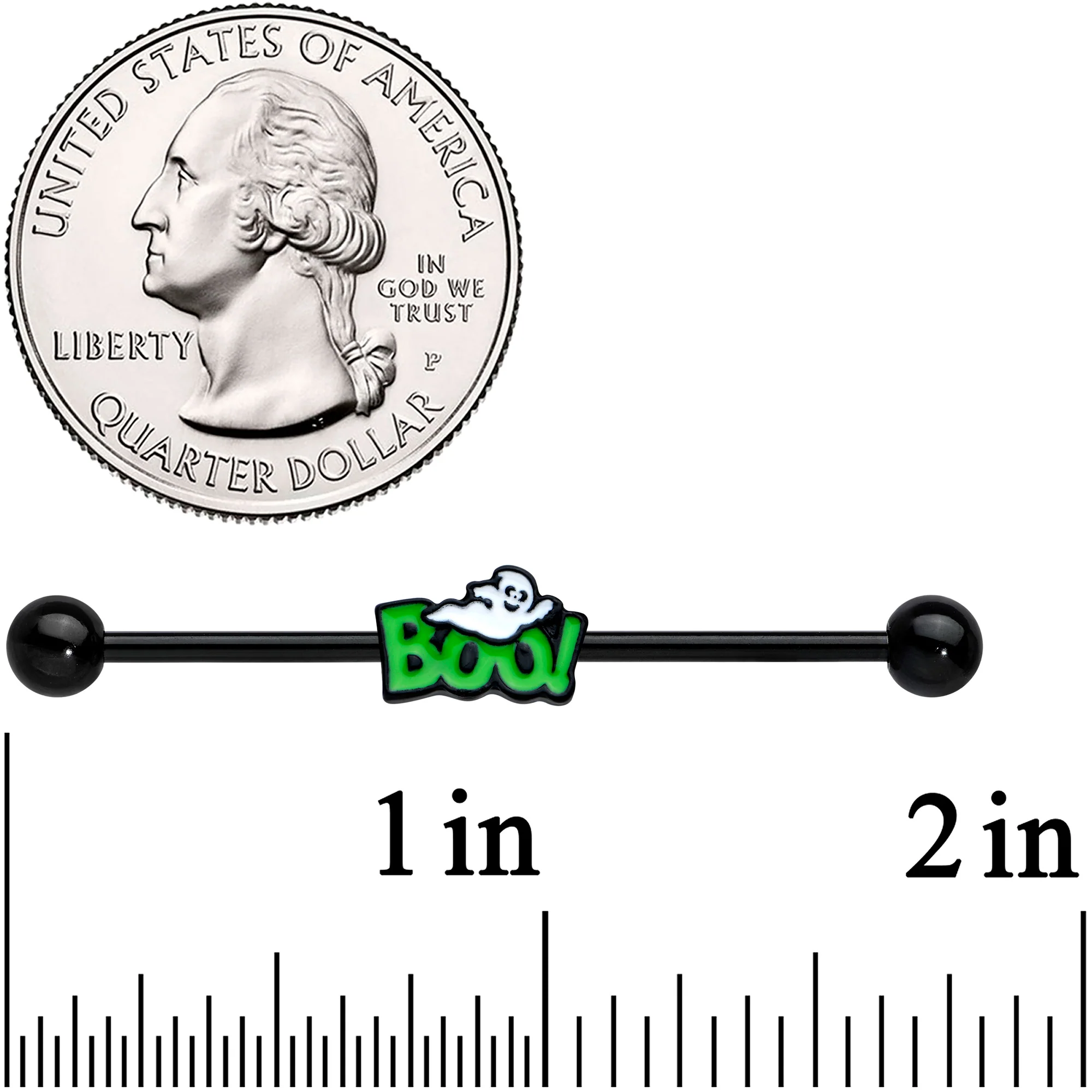 14G Black Green Boo Ghost Halloween Industrial Barbell 38mm - Image 2