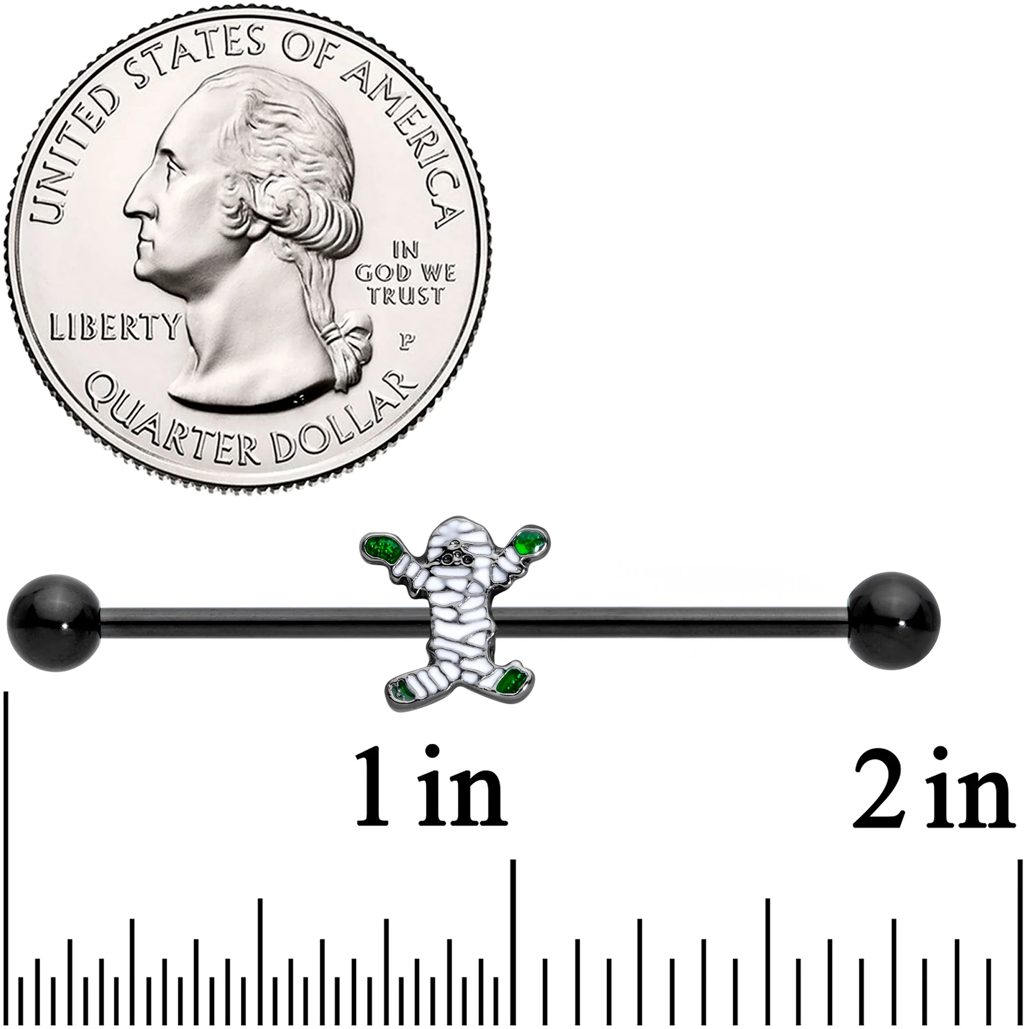 14G Black Green Mummy Halloween Industrial Barbell 38mm - Image 3