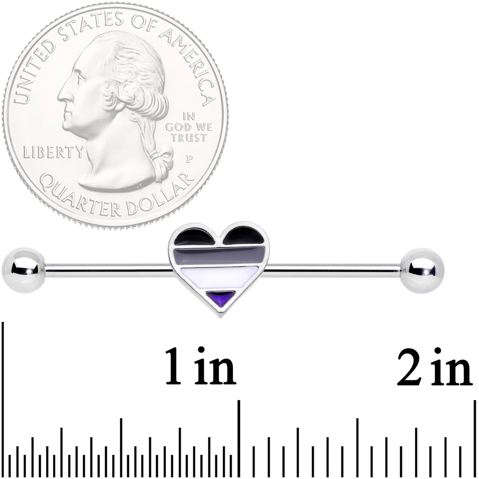 14G Black Grey White Asexual Pride Heart Barbell Industrial 38mm - Image 2
