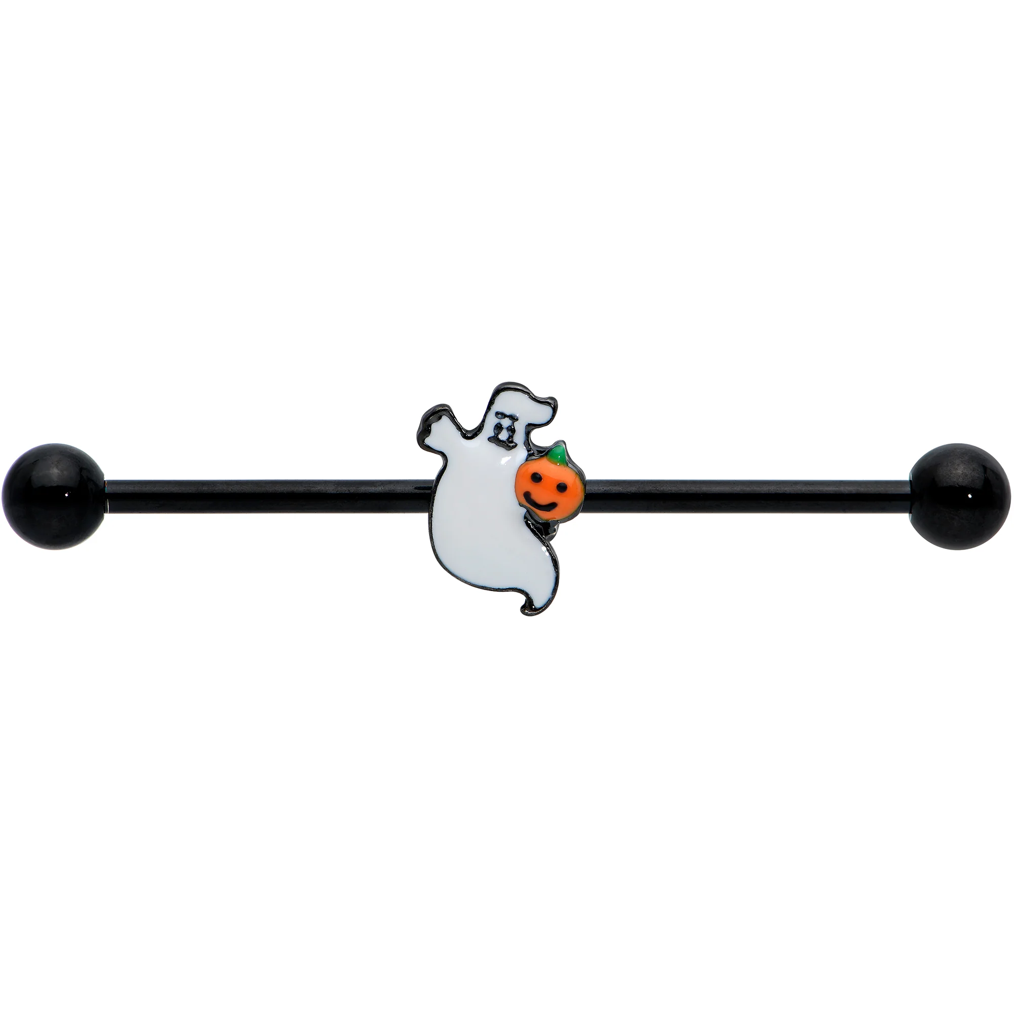14G Black Halloween Pumpkin Ghost Industrial Barbell 38mm - Image 2