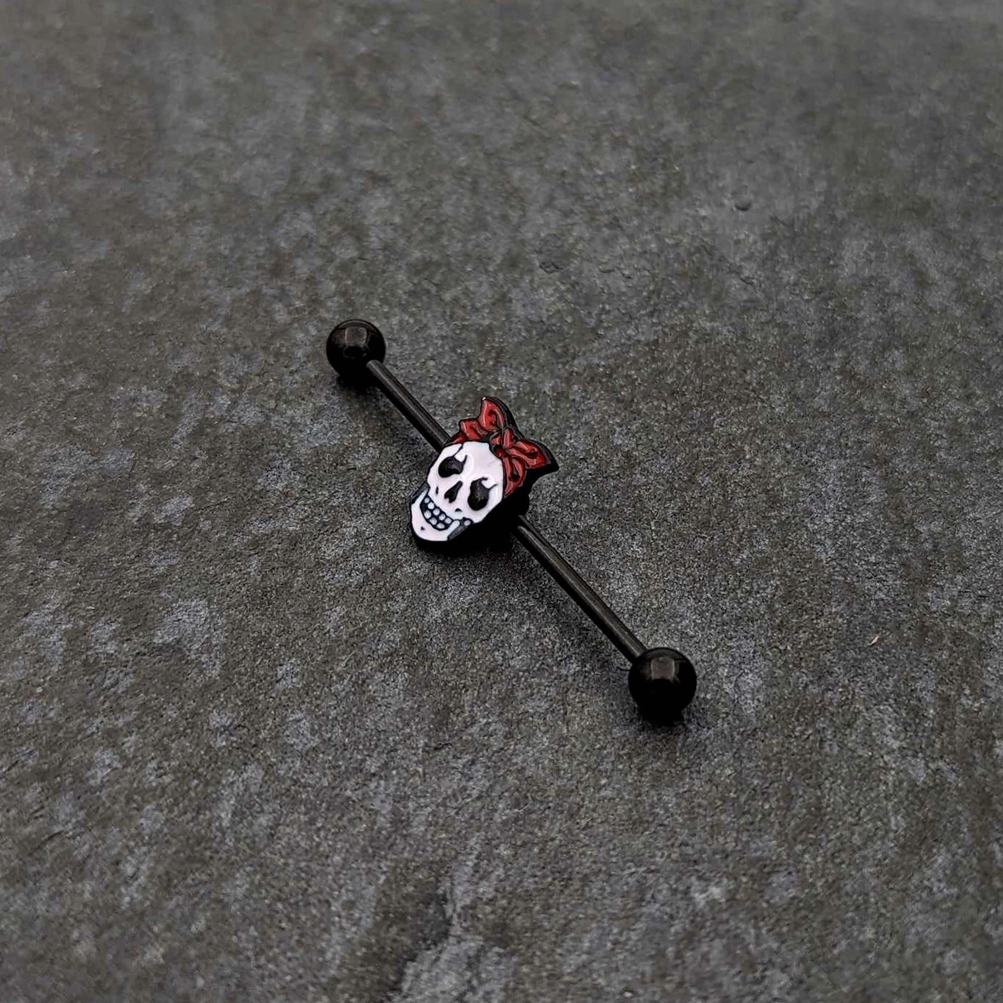 14G Black Halloween Skull Kerchief Industrial Barbell 38mm - Image 3
