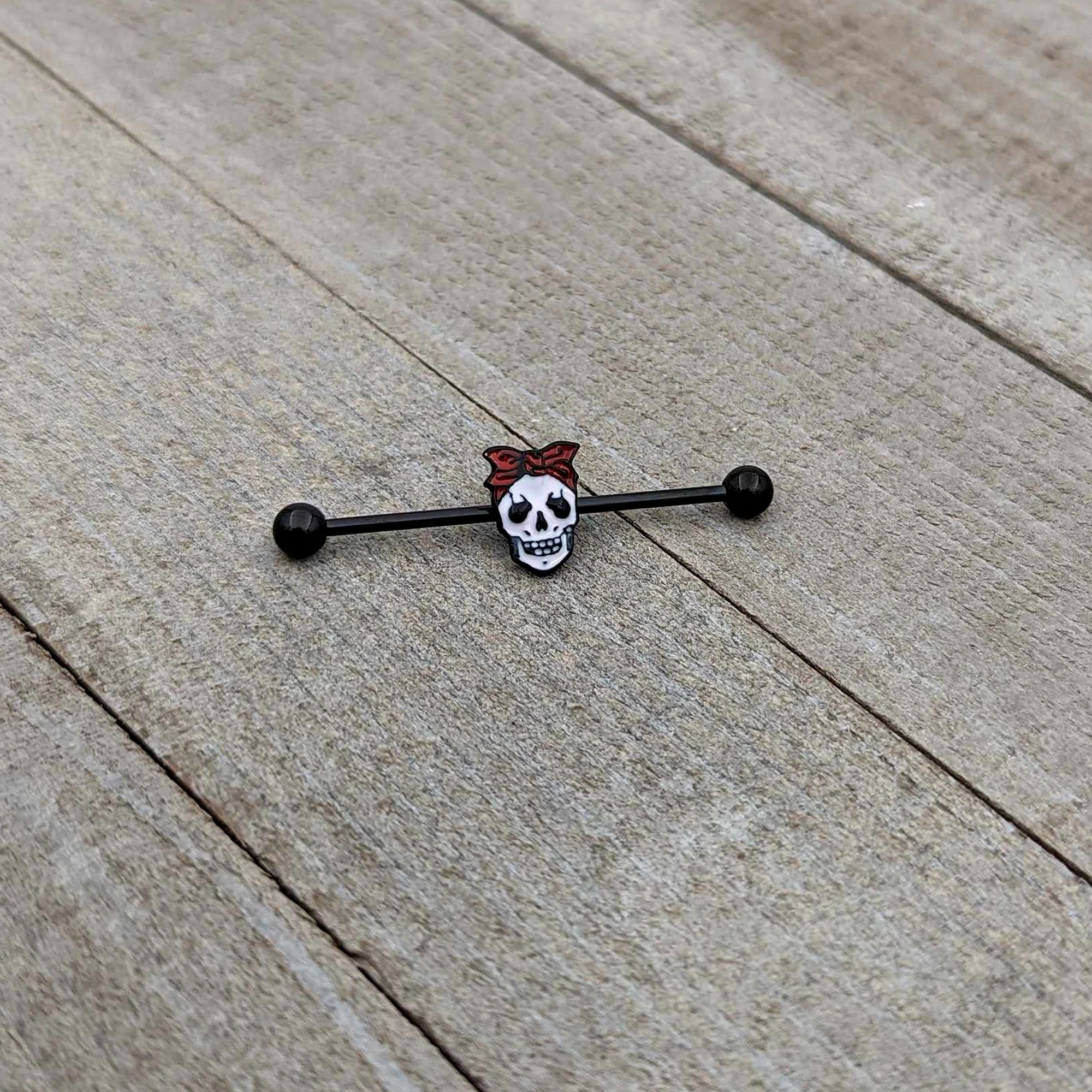 14G Black Halloween Skull Kerchief Industrial Barbell 38mm - Image 5