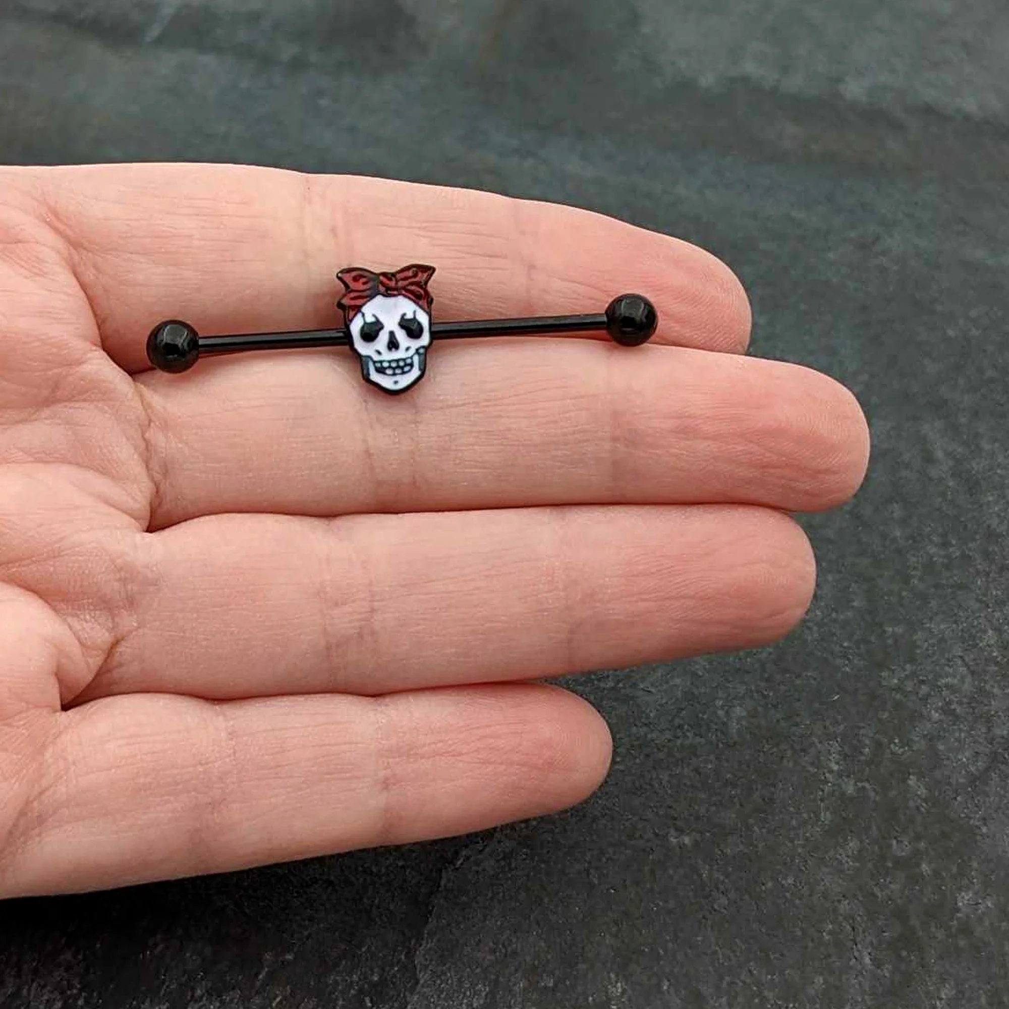 14G Black Halloween Skull Kerchief Industrial Barbell 38mm - Image 7