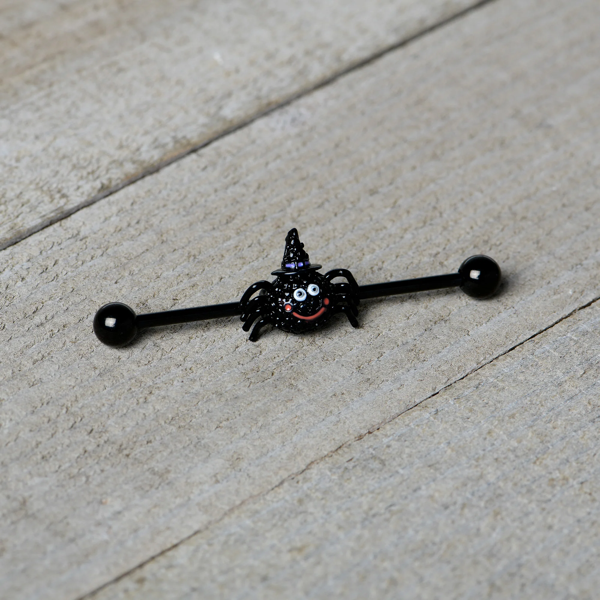 14G Black Halloween Smiling Witch Spider Industrial Barbell 38mm - Image 6