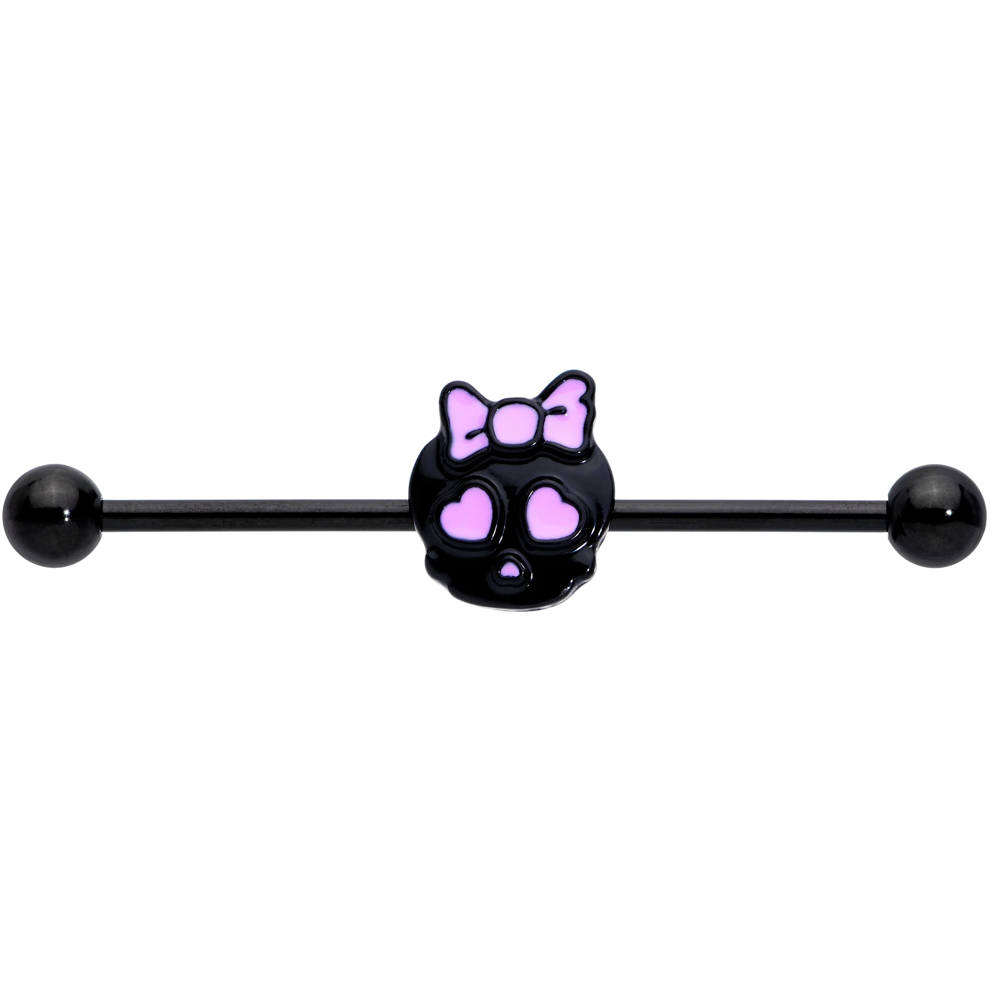 14G Black Heart Bow Black Skull Halloween Industrial Barbell 38mm - Image 2