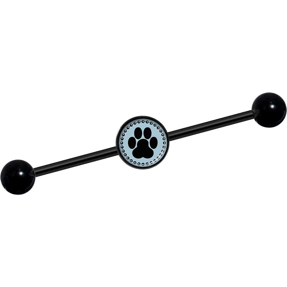 14G Black on Blue Paw Print Black Industrial Barbell 37mm - Image 2