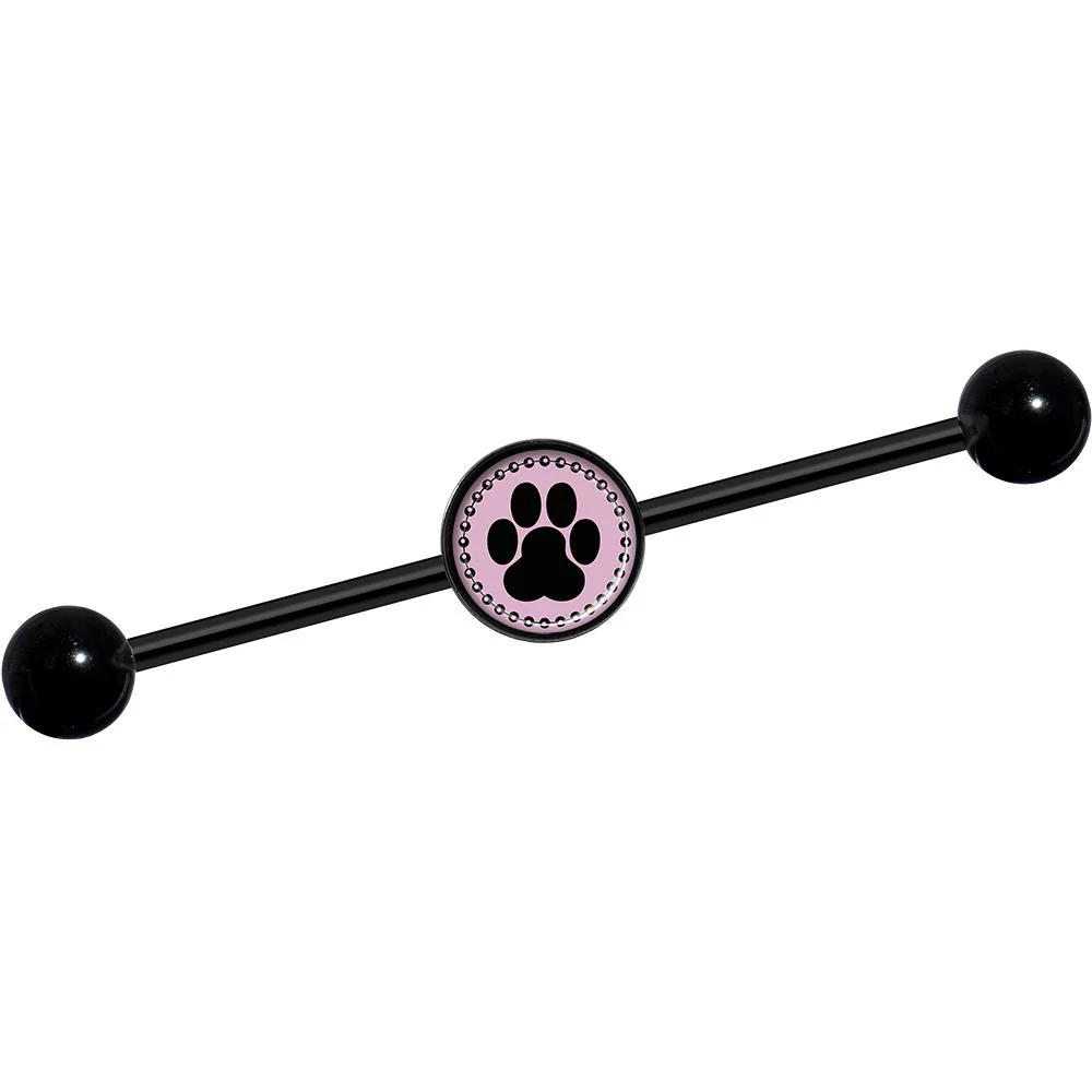 14G Black on Pink Paw Print Black Industrial Barbell 37mm - Image 2