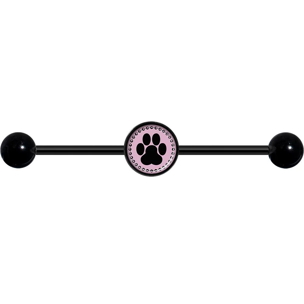 14G Black on Pink Paw Print Black Industrial Barbell 37mm - Image 4