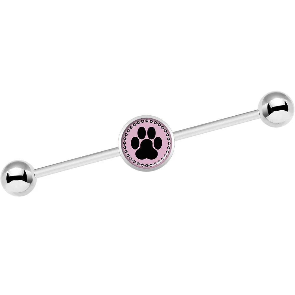 14G Black on Pink Paw Print Industrial Barbell 37mm - Image 2