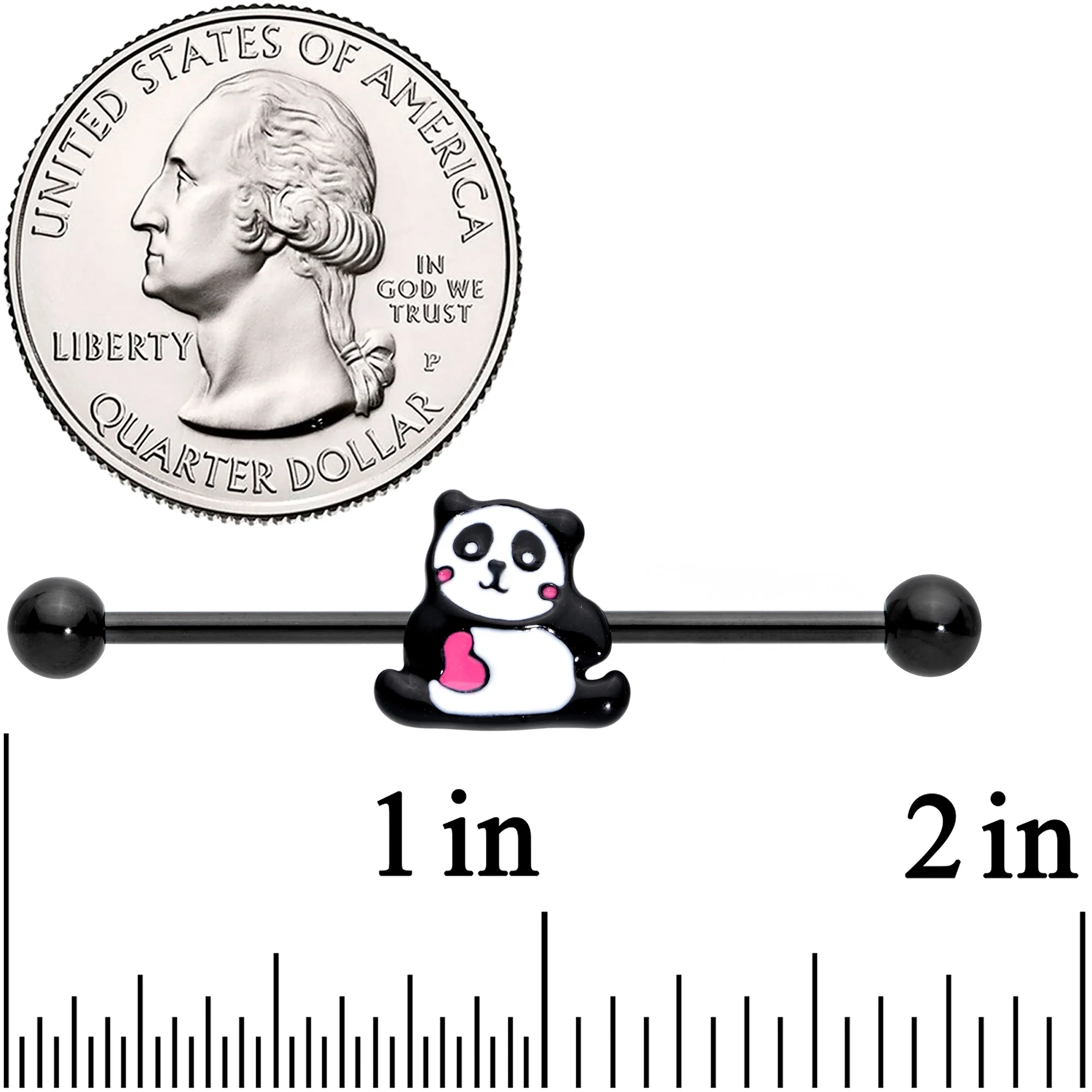 14G Black Panda Heart Industrial Barbell 38mm - Image 2