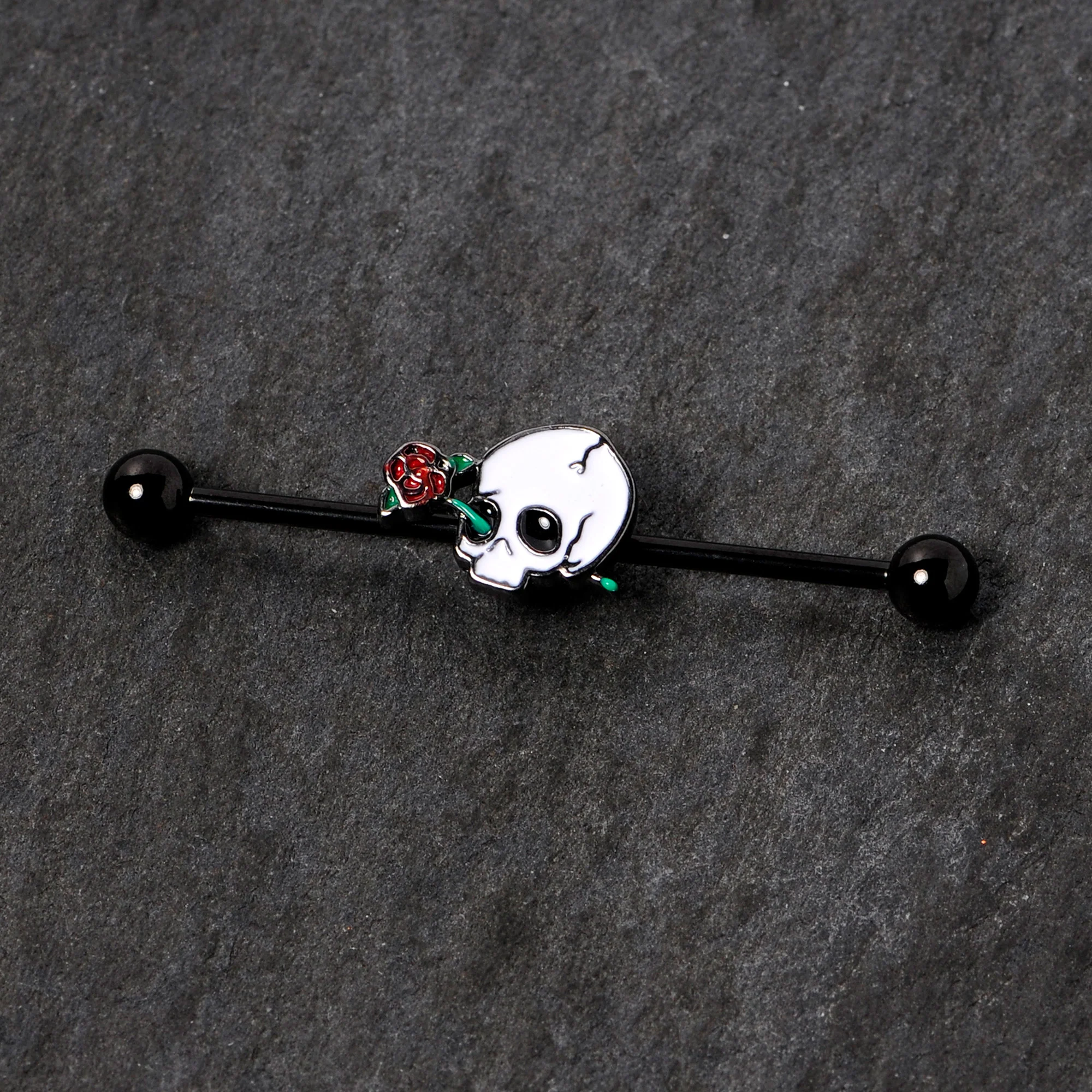 14G Black PVD Rose Skull Halloween Industrial Barbell 38mm - Image 2
