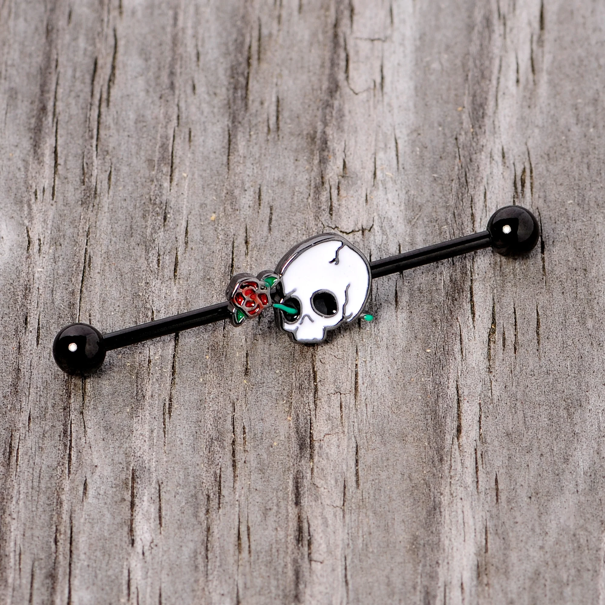14G Black PVD Rose Skull Halloween Industrial Barbell 38mm - Image 3