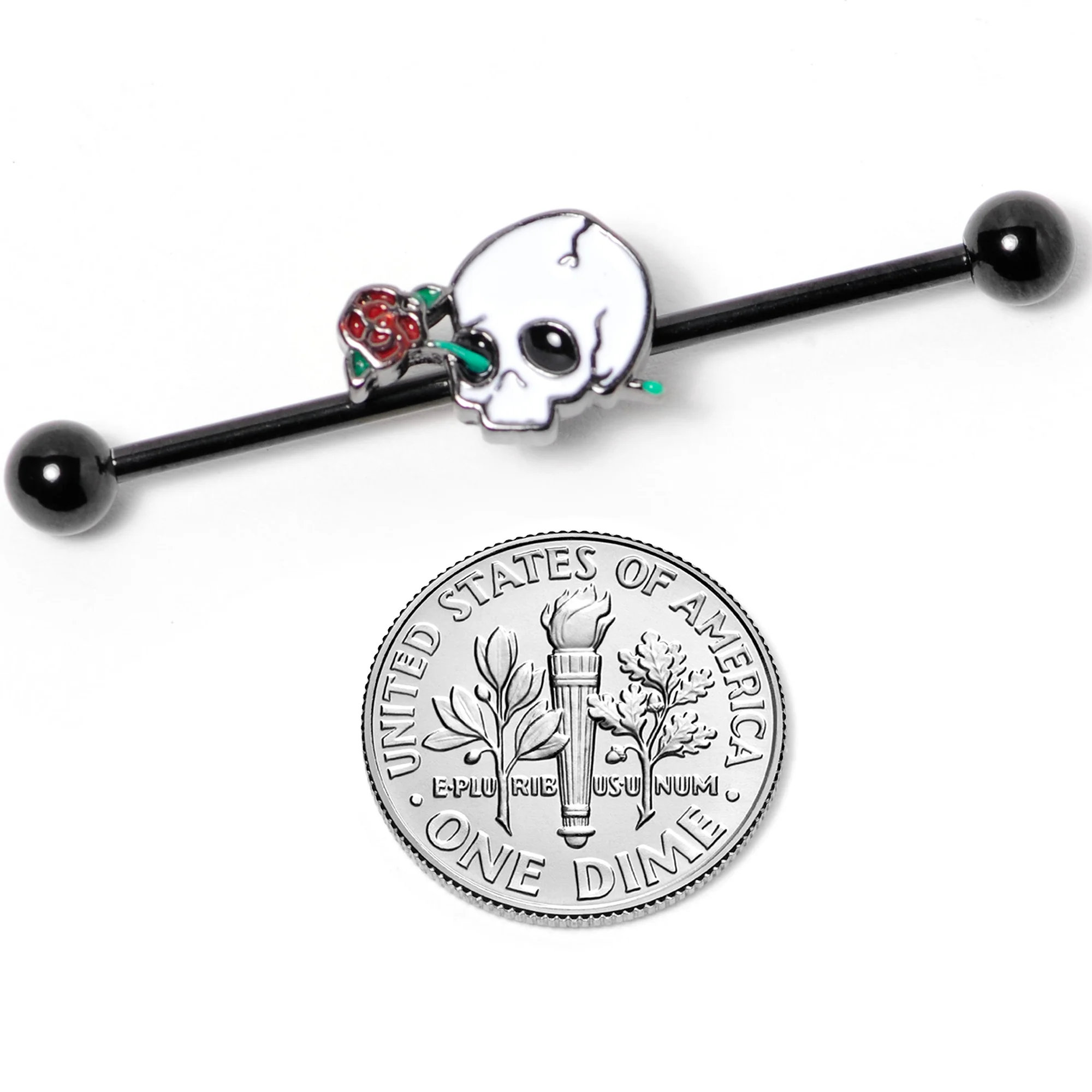 14G Black PVD Rose Skull Halloween Industrial Barbell 38mm - Image 4