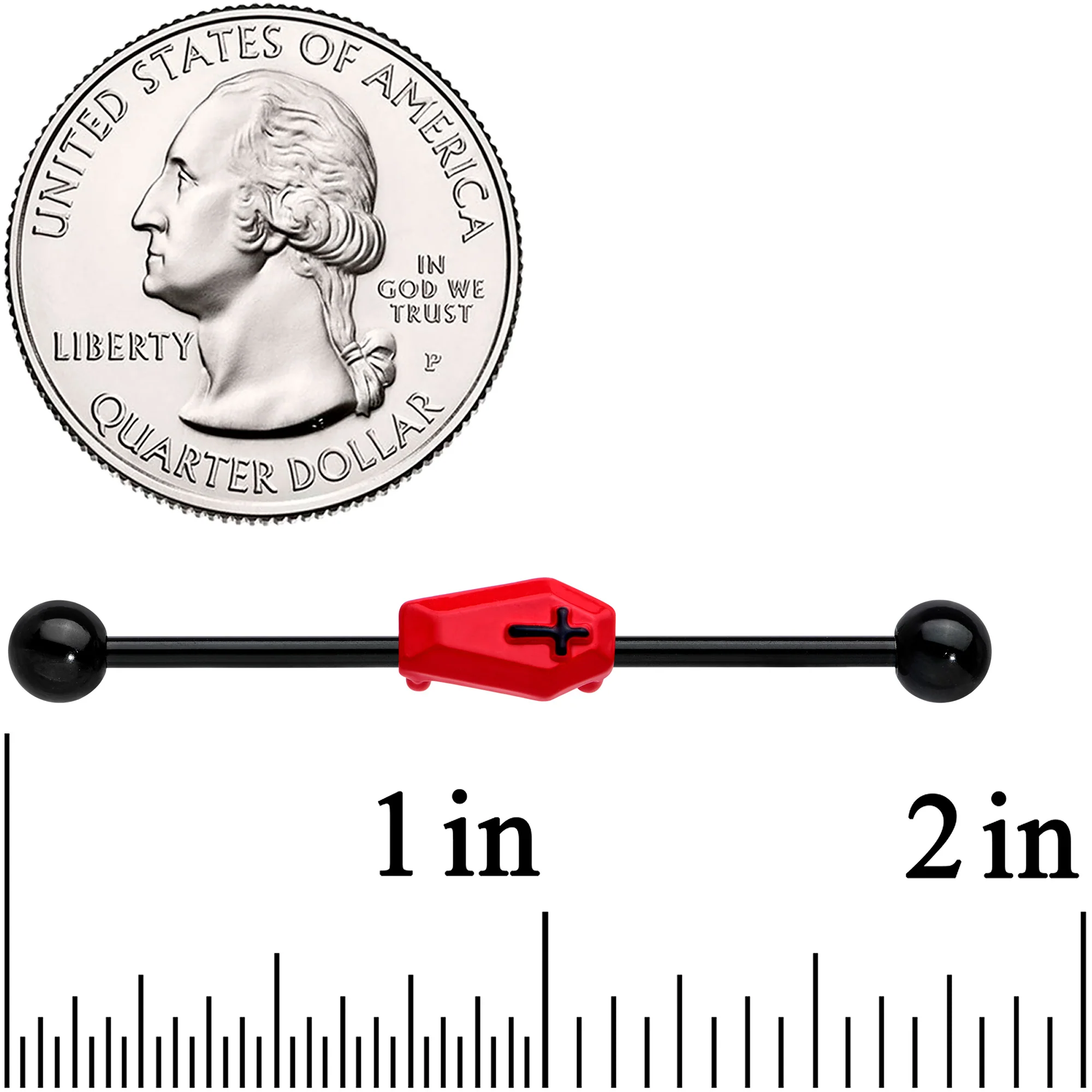 14G Black Red Coffin Halloween Industrial Barbell 38mm - Image 2