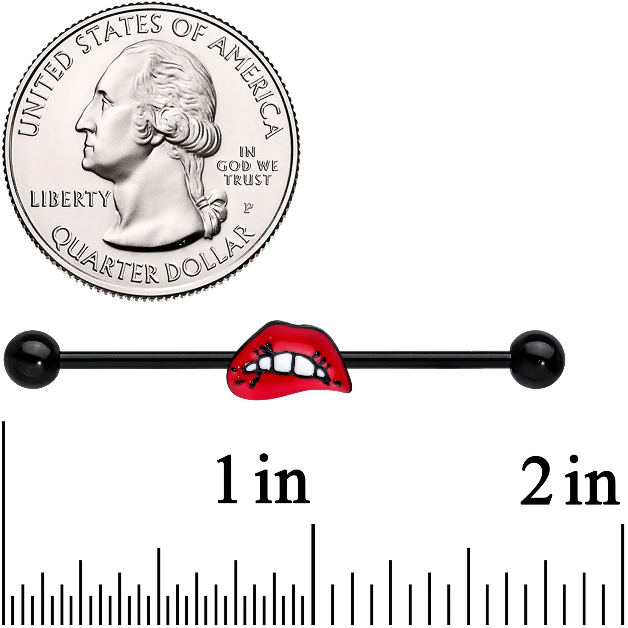 14G Black Red Sneering Bite Lips Industrial Barbell 38mm - Image 2