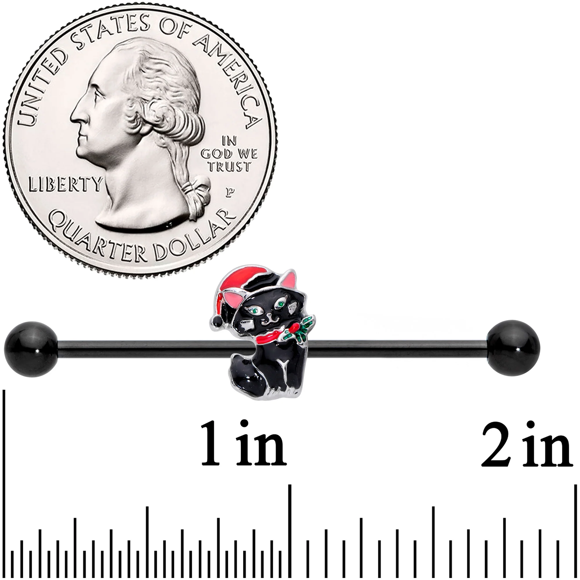 14G Black Santa Claus Black Cat Christmas Industrial Barbell 38mm - Image 2