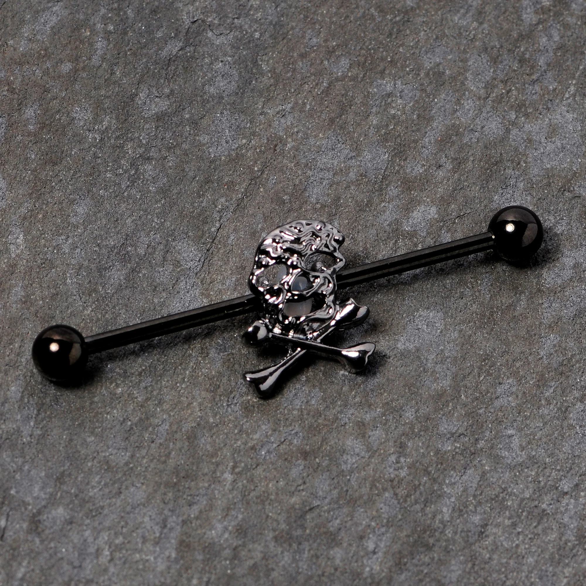 14G Black Skull and Crossbones Halloween Industrial Barbell 38mm - Image 2