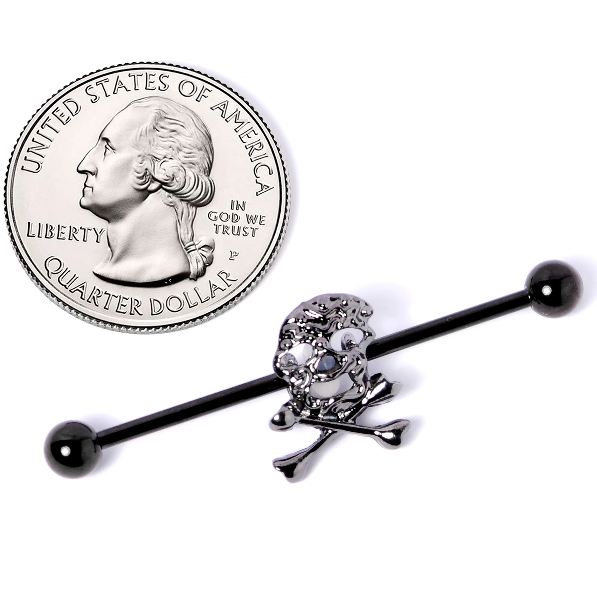 14G Black Skull and Crossbones Halloween Industrial Barbell 38mm - Image 4