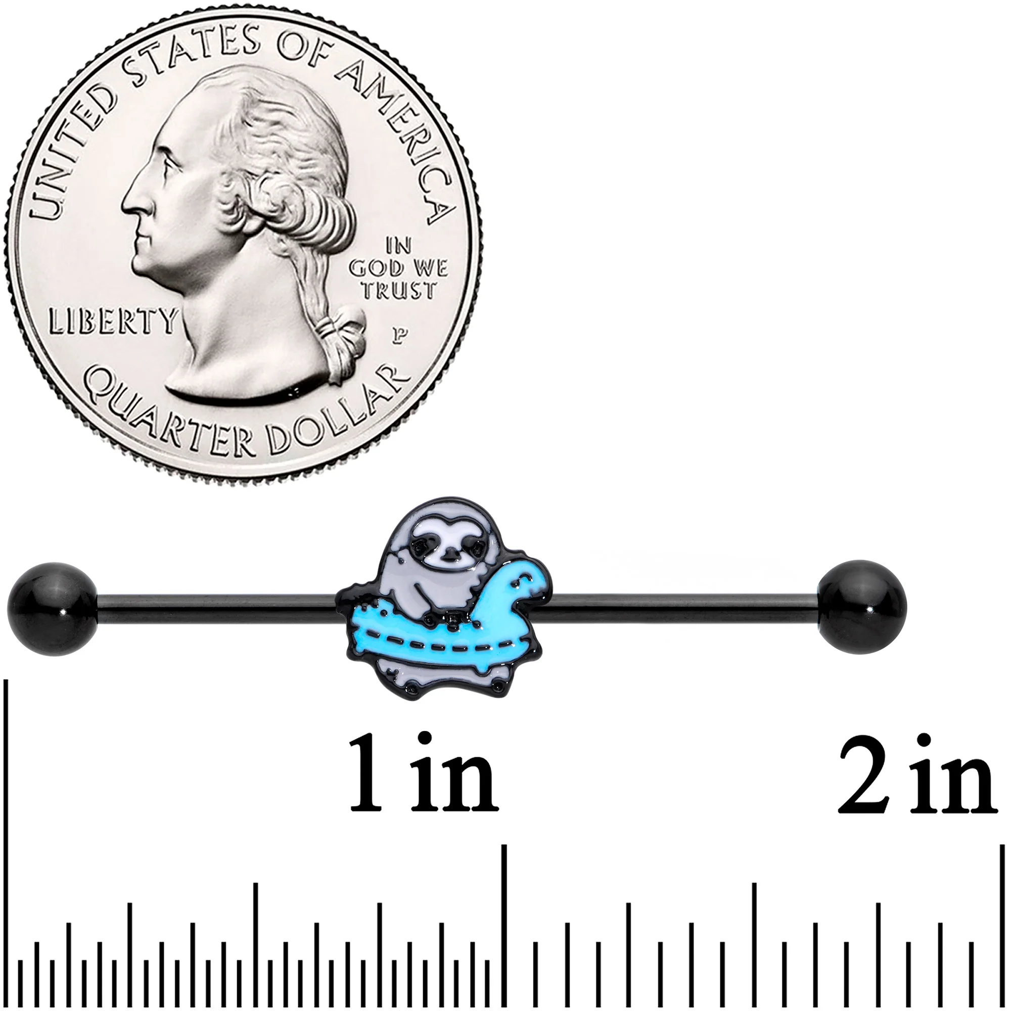 14G Black Swimming Sloth Industrial Barbell 38mm - Image 2