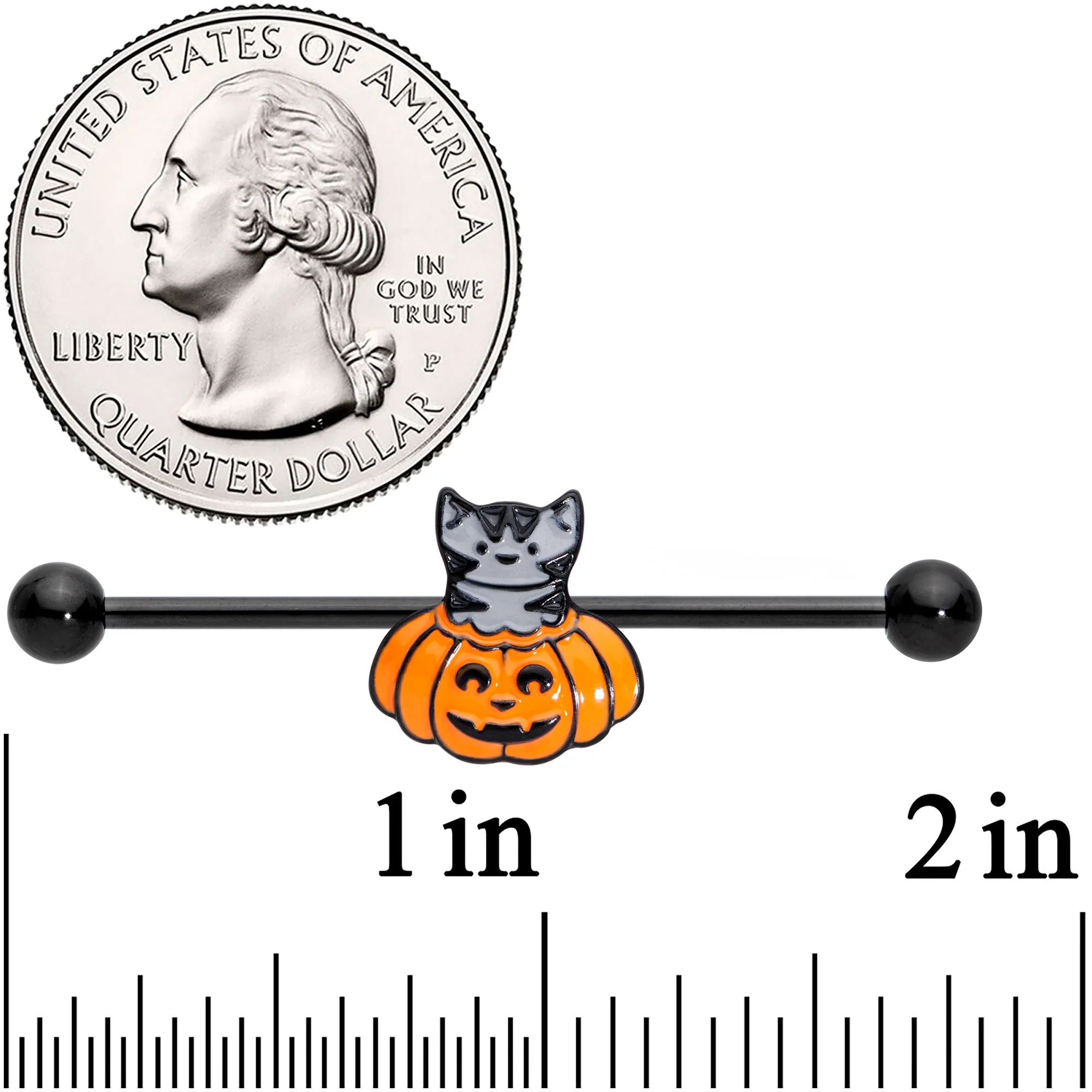 14G Black Tabby Cat Pumpkin Halloween Industrial Barbell 38mm - Image 2