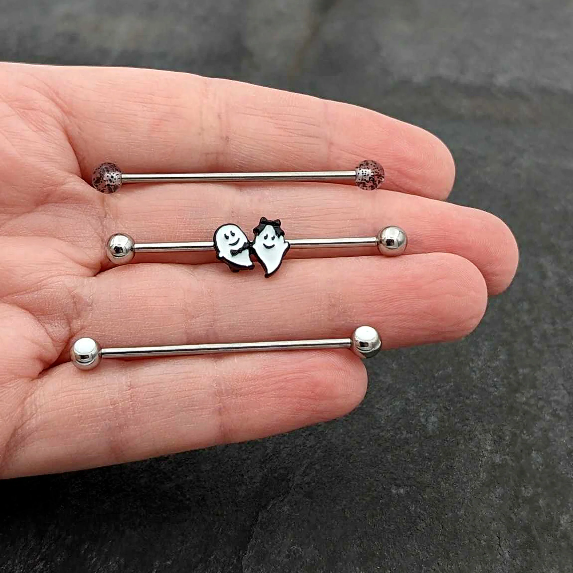 14G Black Tie Ghosts Glow in Dark Industrial Barbell 38mm Set of 3 - Image 7