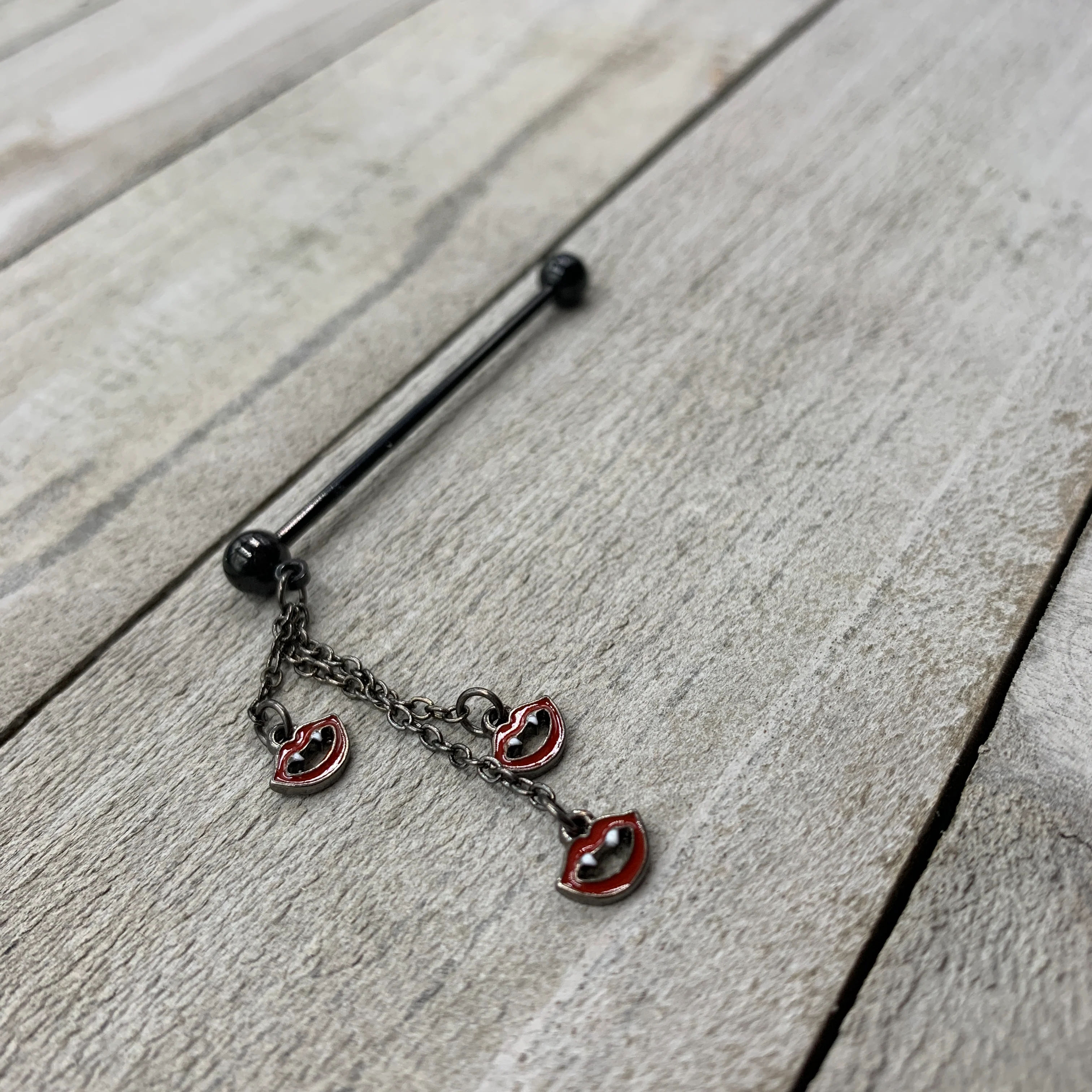 14G Black Vampire Fangs Halloween Dangle Industrial Barbell 38mm - Image 2