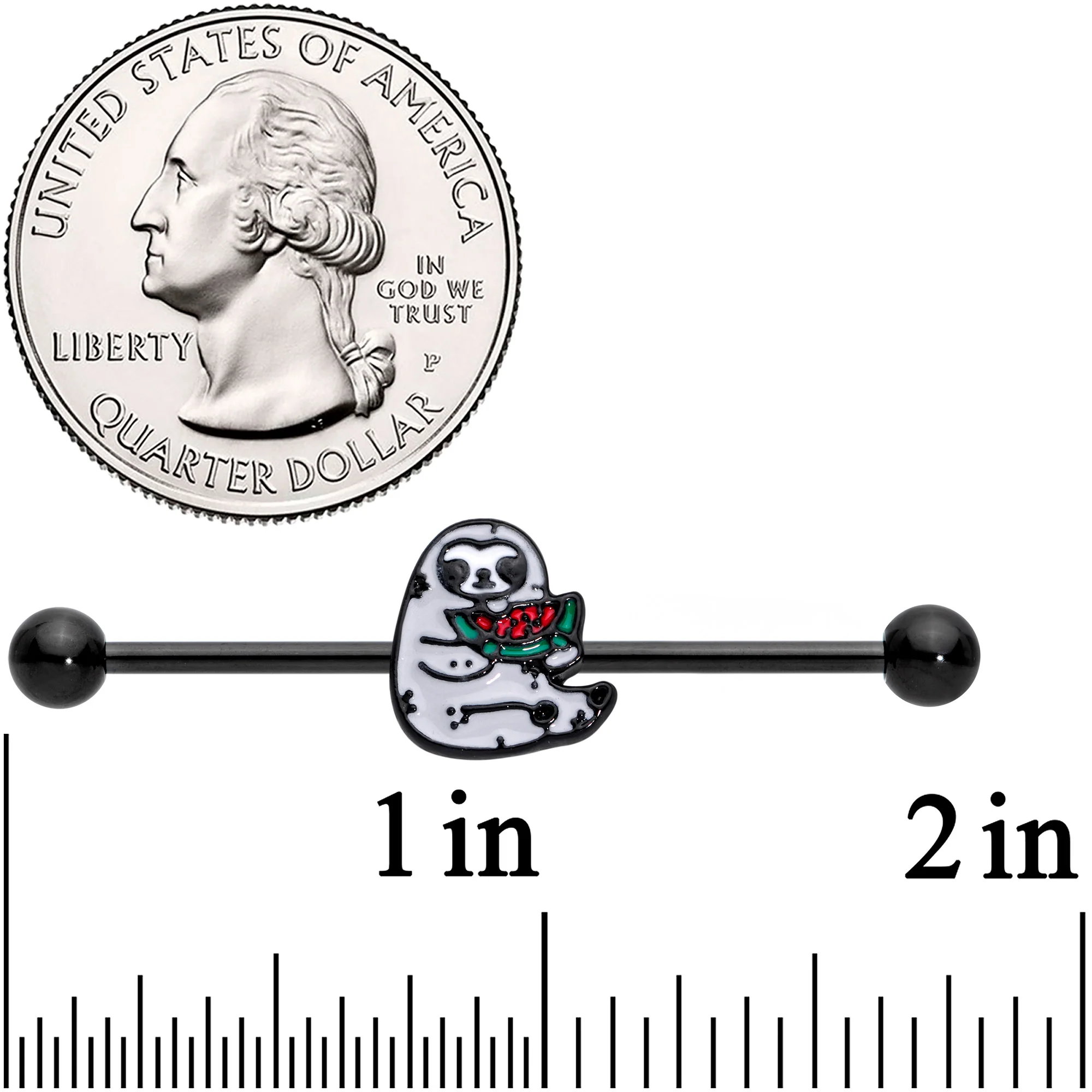14G Black Watermelon Sloth Industrial Barbell 38mm - Image 2