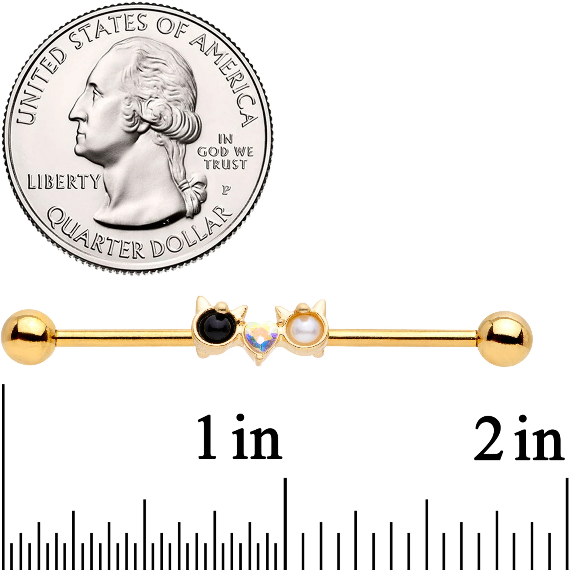 14G Black White CZ Gem Gold Tone Kitty Cat Luv Industrial Barbell 38mm - Image 3