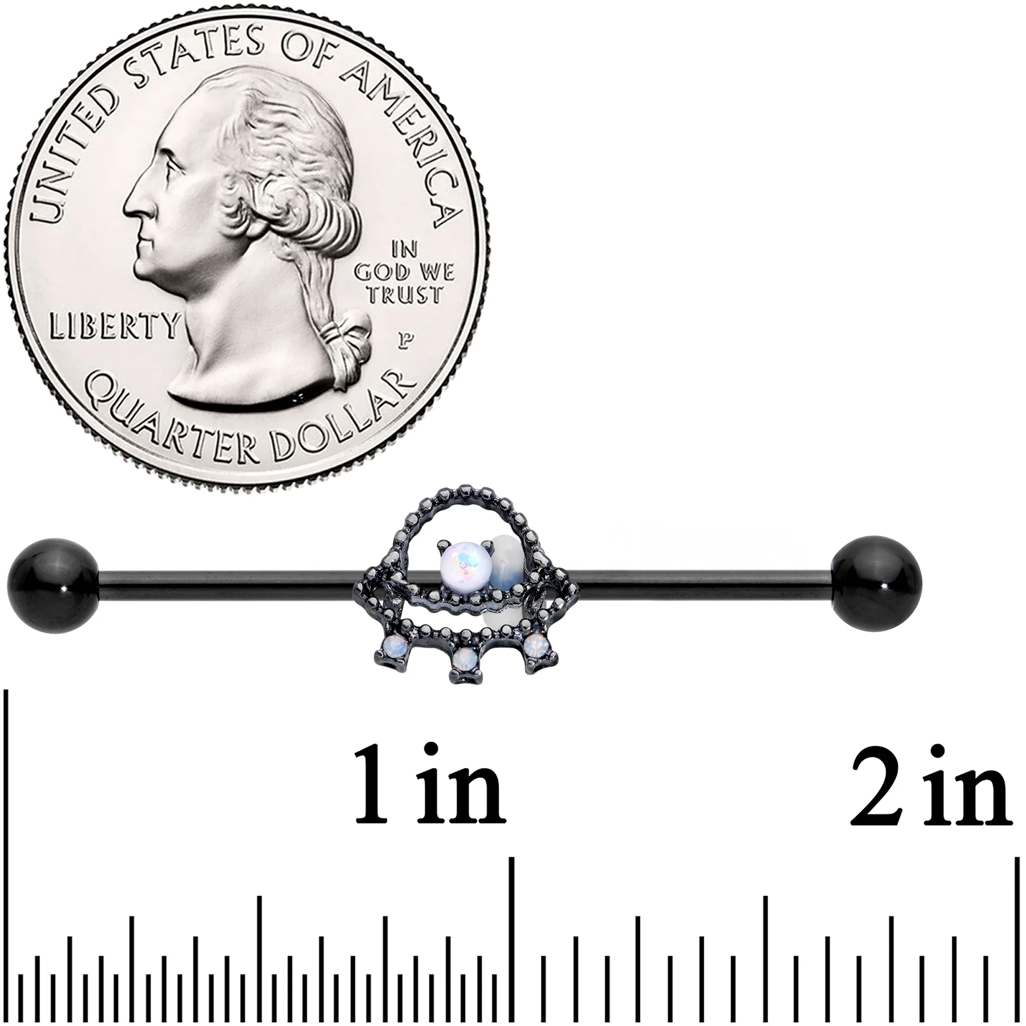 14G Black White Faux Opal UFO Industrial Barbell 38mm - Image 2