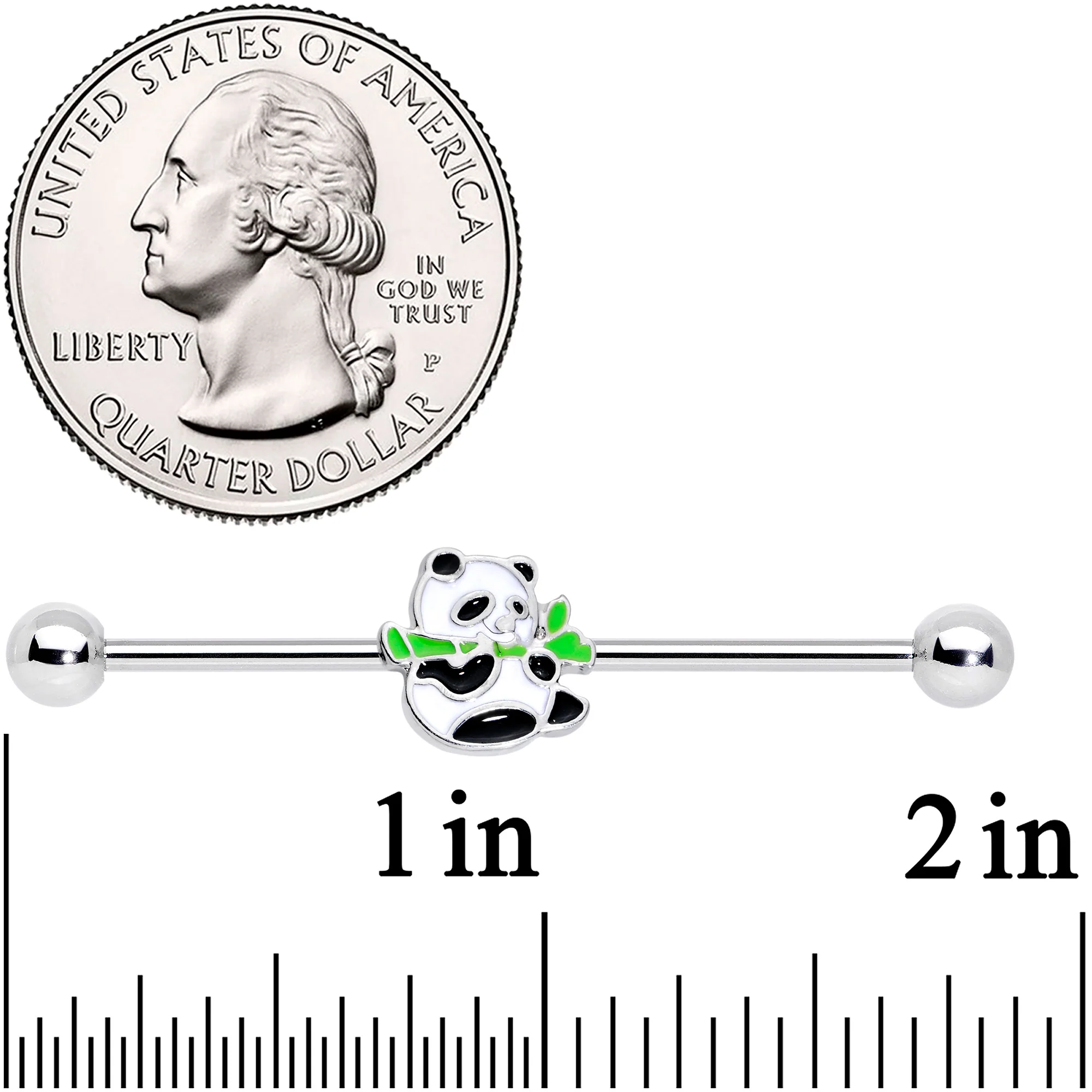 14G Black White Hungry Panda Bear Industrial Barbell 38mm - Image 2