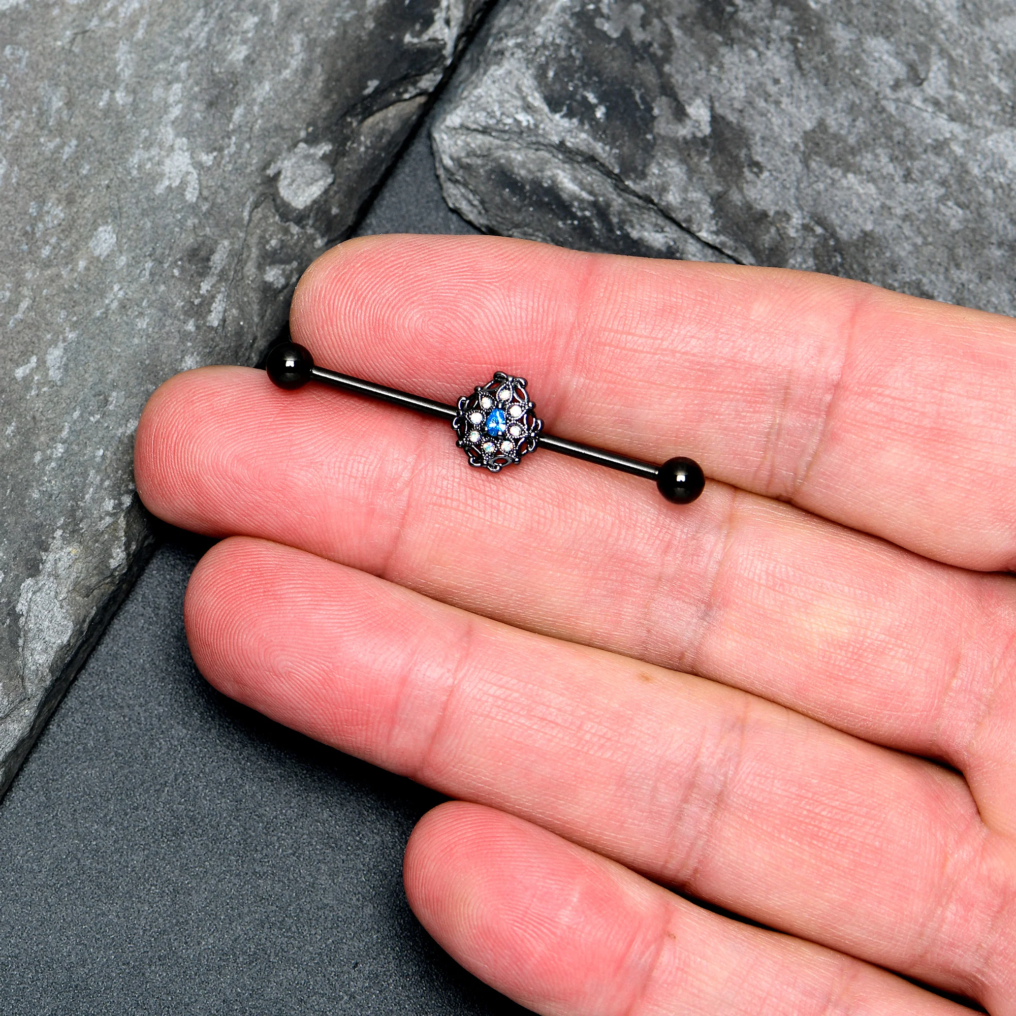 14G Blue Aurora Gem Black Night Blossom Industrial Barbell 38mm - Image 3