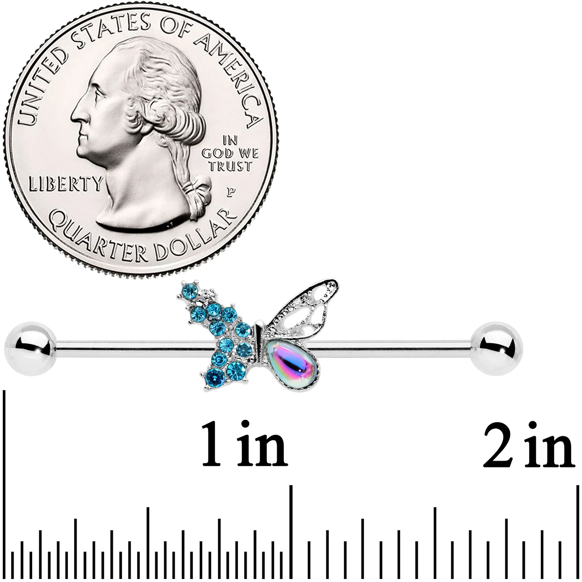 14G Blue Aurora Gem Super Glam Butterfly Industrial Barbell 38mm - Image 2