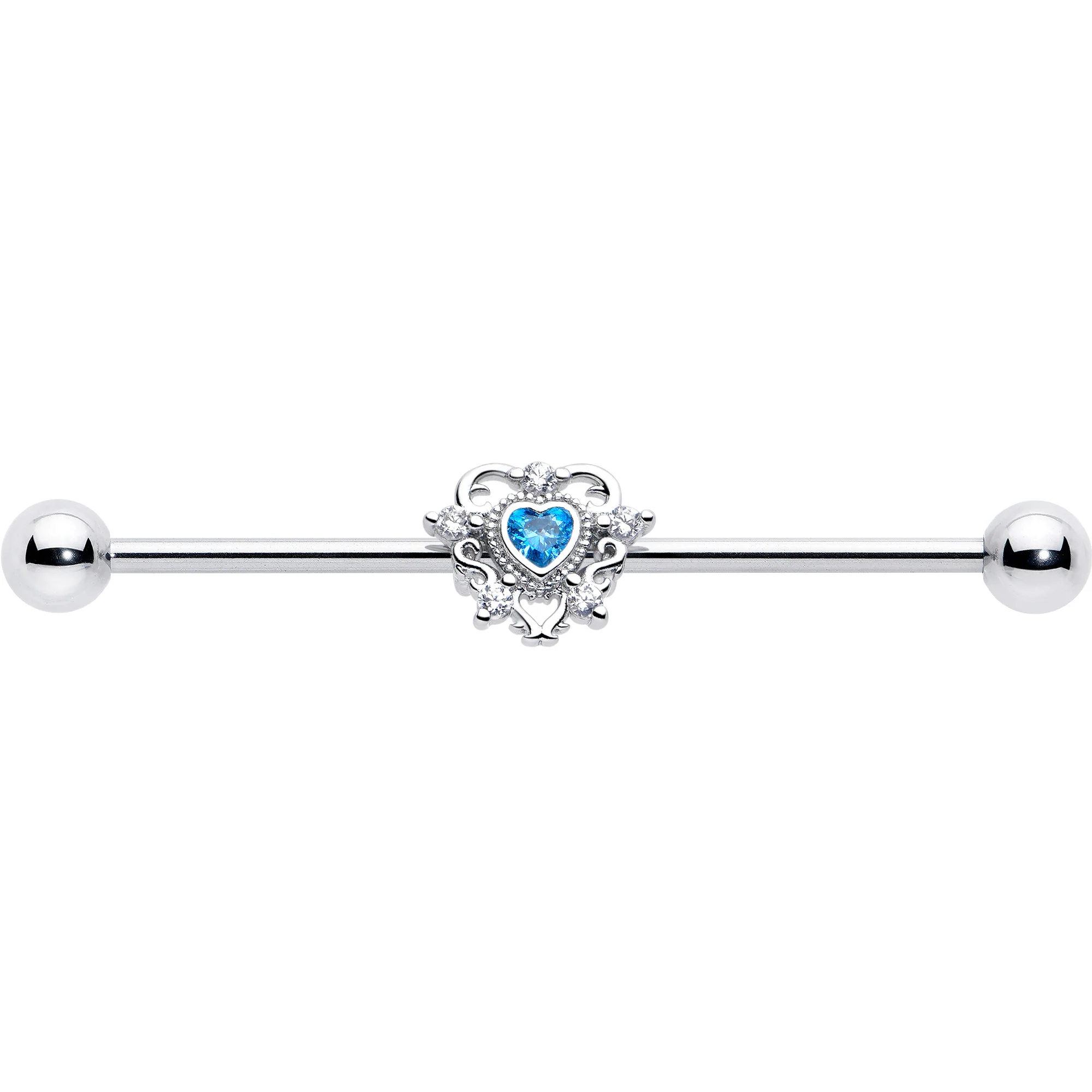 14G Blue Clear CZ Gem Heart Pair Industrial Barbell 38mm - Image 3