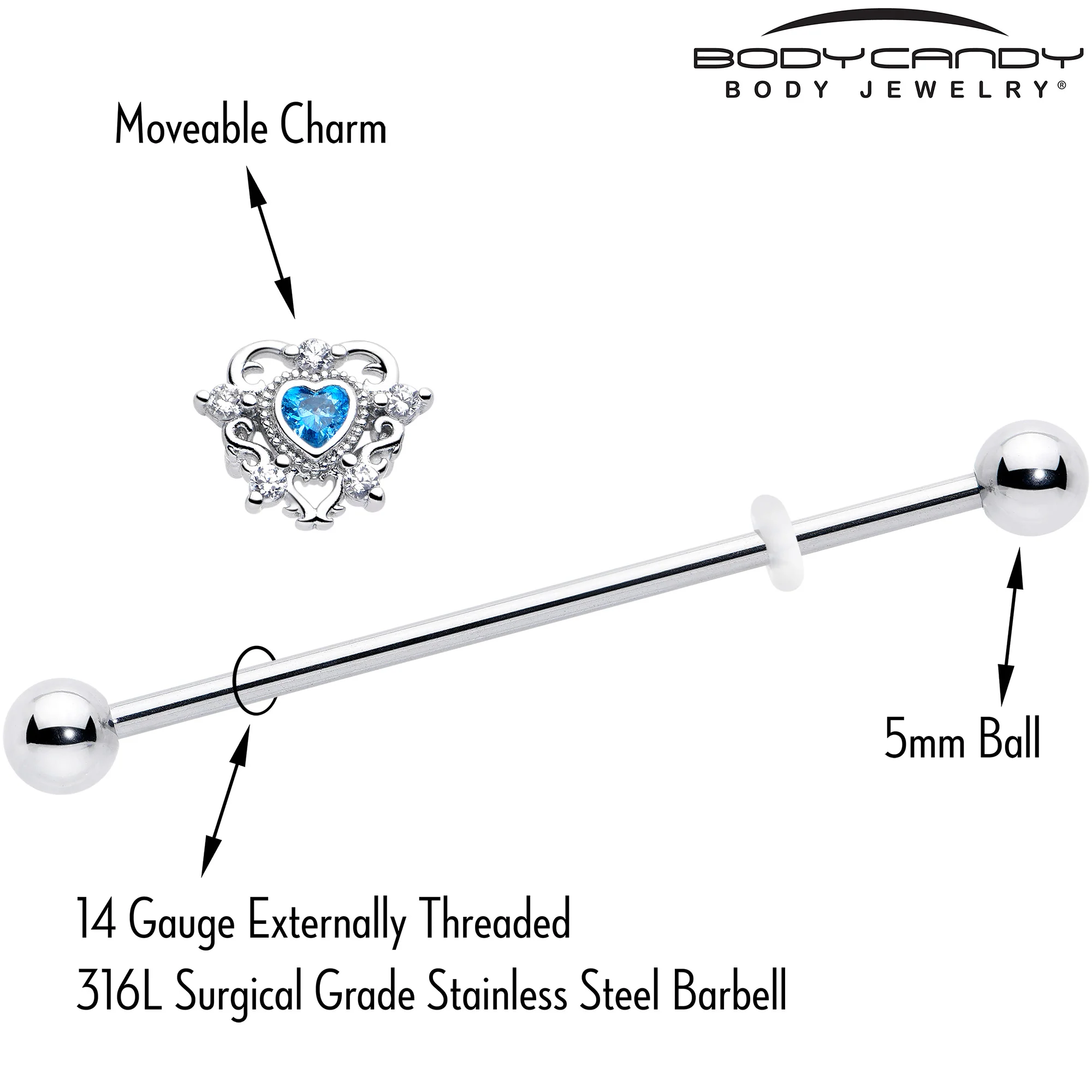 14G Blue Clear CZ Gem Heart Pair Industrial Barbell 38mm - Image 4