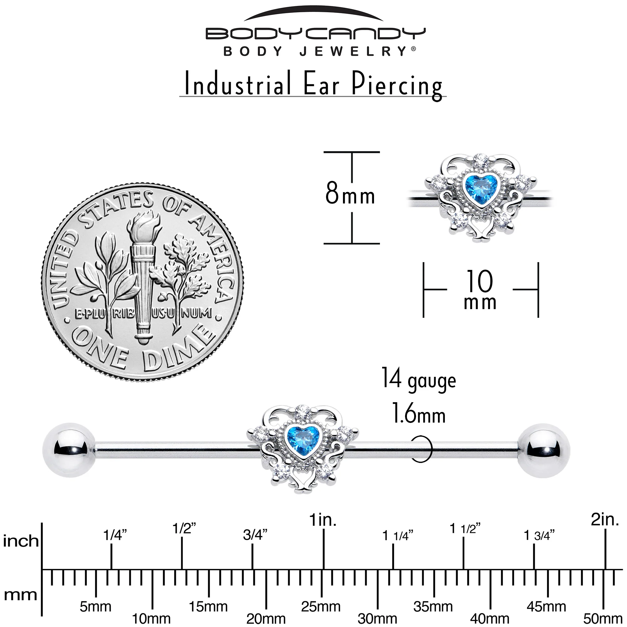 14G Blue Clear CZ Gem Heart Pair Industrial Barbell 38mm - Image 5