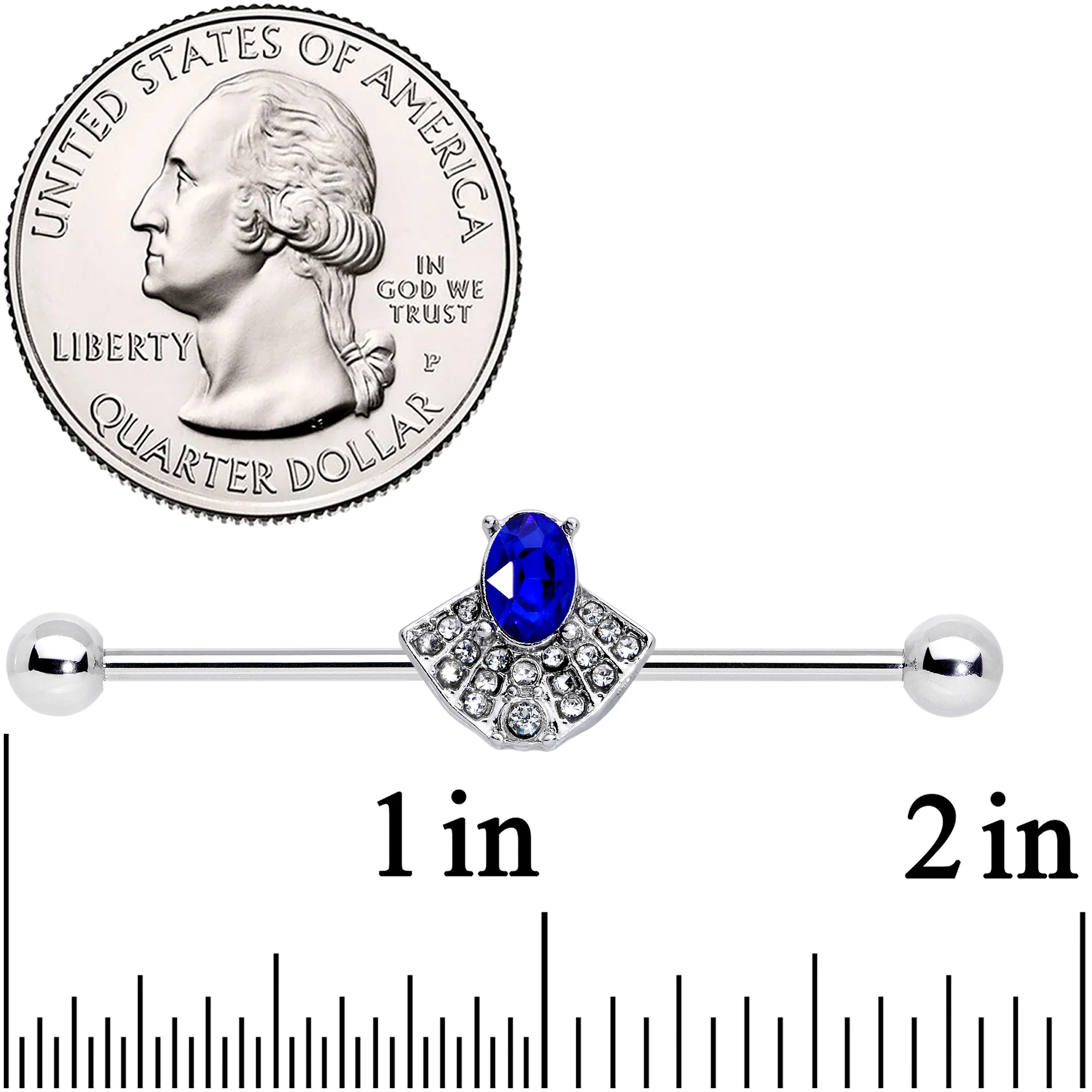 14G Blue Clear Gem Art Deco Fan Industrial Barbell 38mm - Image 2