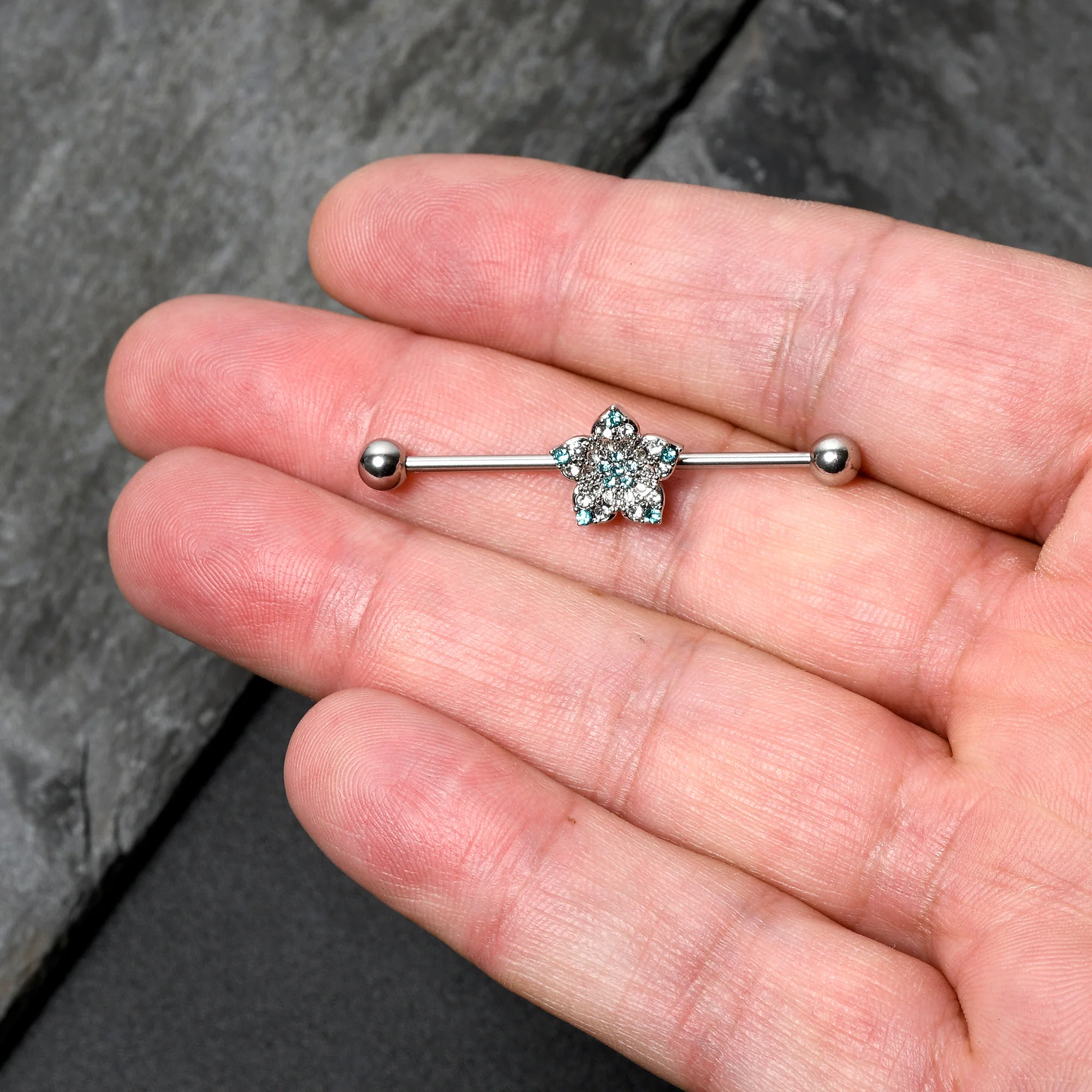 14G Blue Clear Gem Opulent Flower Industrial Barbell 38mm - Image 5